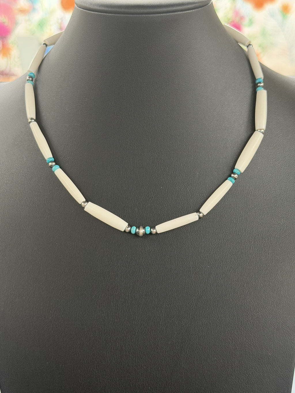*Native American Made* Navajo Kimberly Tom:  18" Natural Bone with Turquoise Beads Necklace