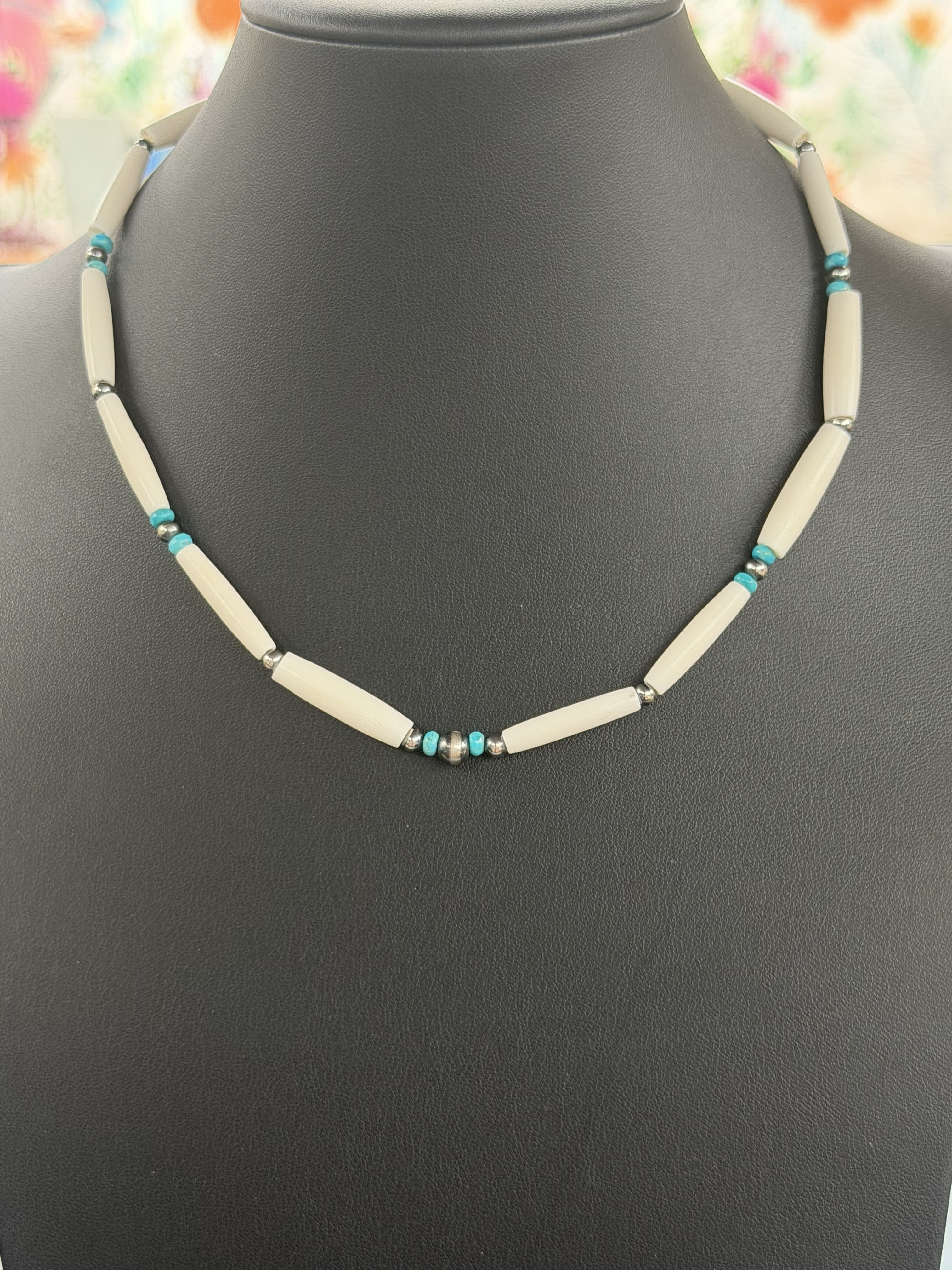 *Native American Made* Navajo Kimberly Tom:  18" Natural Bone with Turquoise Beads Necklace