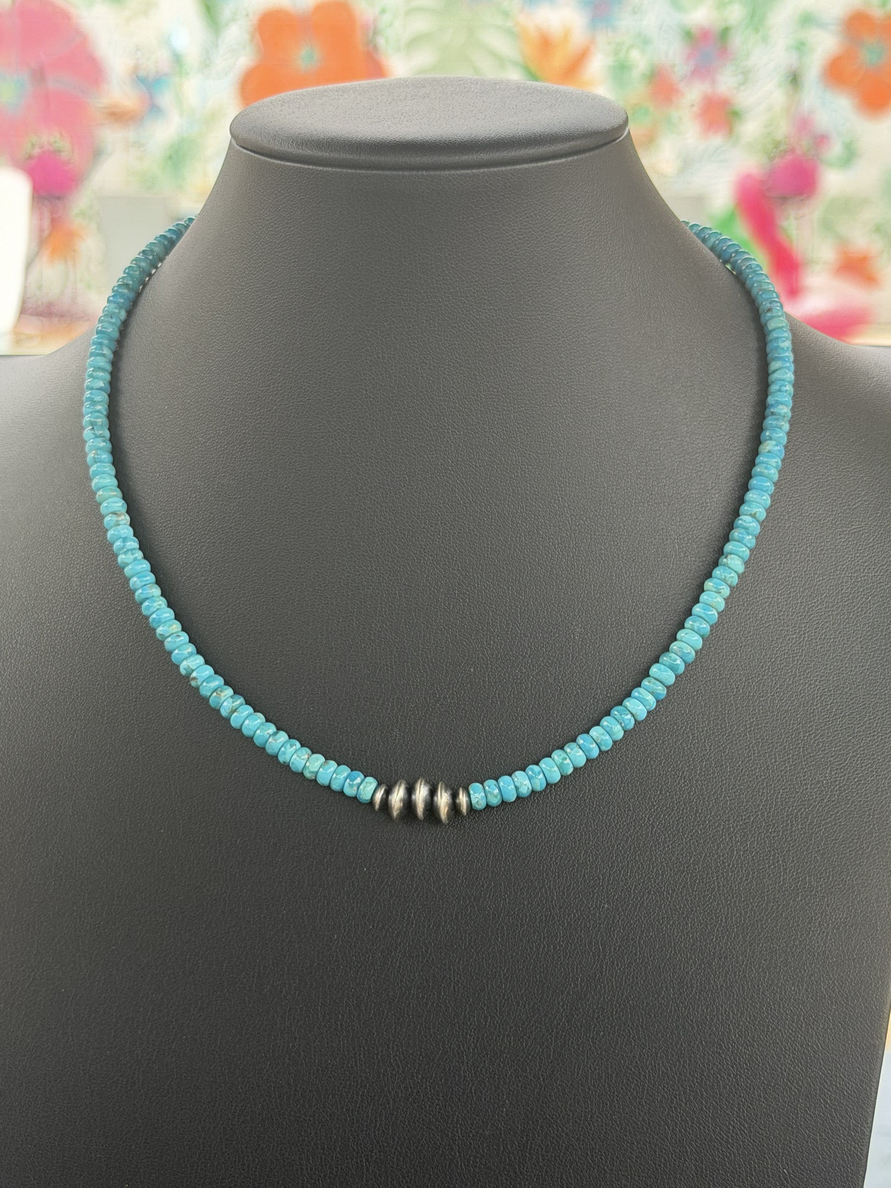 *Native American Made*  Navajo Miranda Thompson:  18" Sonoran Blue Turquoise with Sterling Silver Navajo Saucers