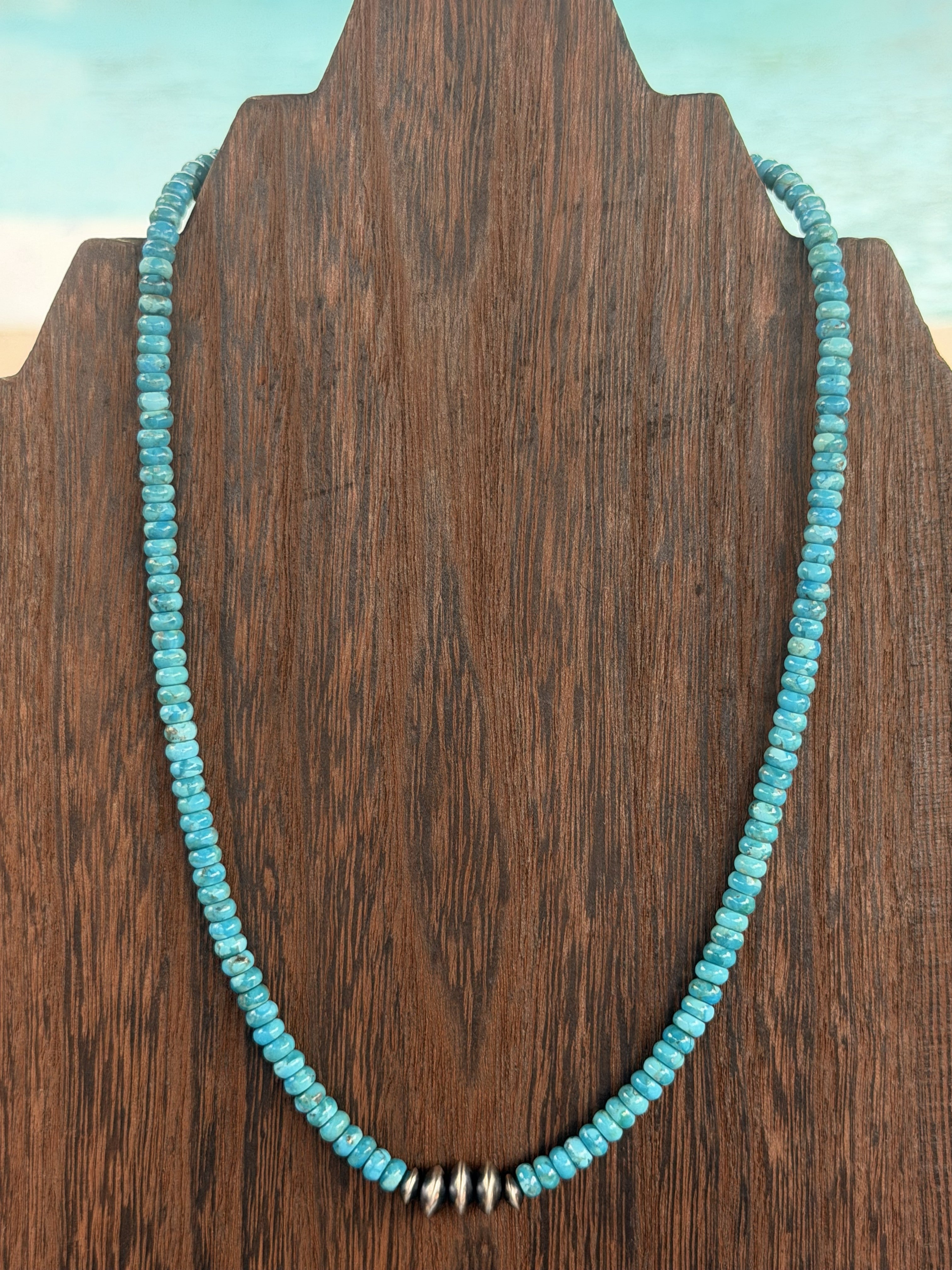 *Native American Made*  Navajo Miranda Thompson:  18" Sonoran Blue Turquoise with Sterling Silver Navajo Saucers