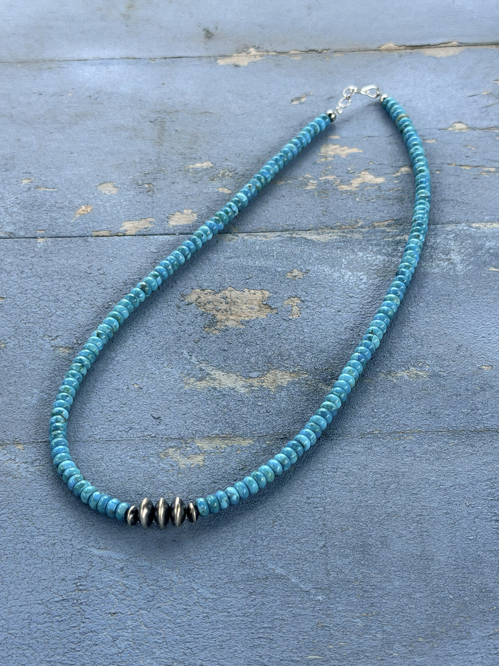 *Native American Made*  Navajo Miranda Thompson:  18" Sonoran Blue Turquoise with Sterling Silver Navajo Saucers