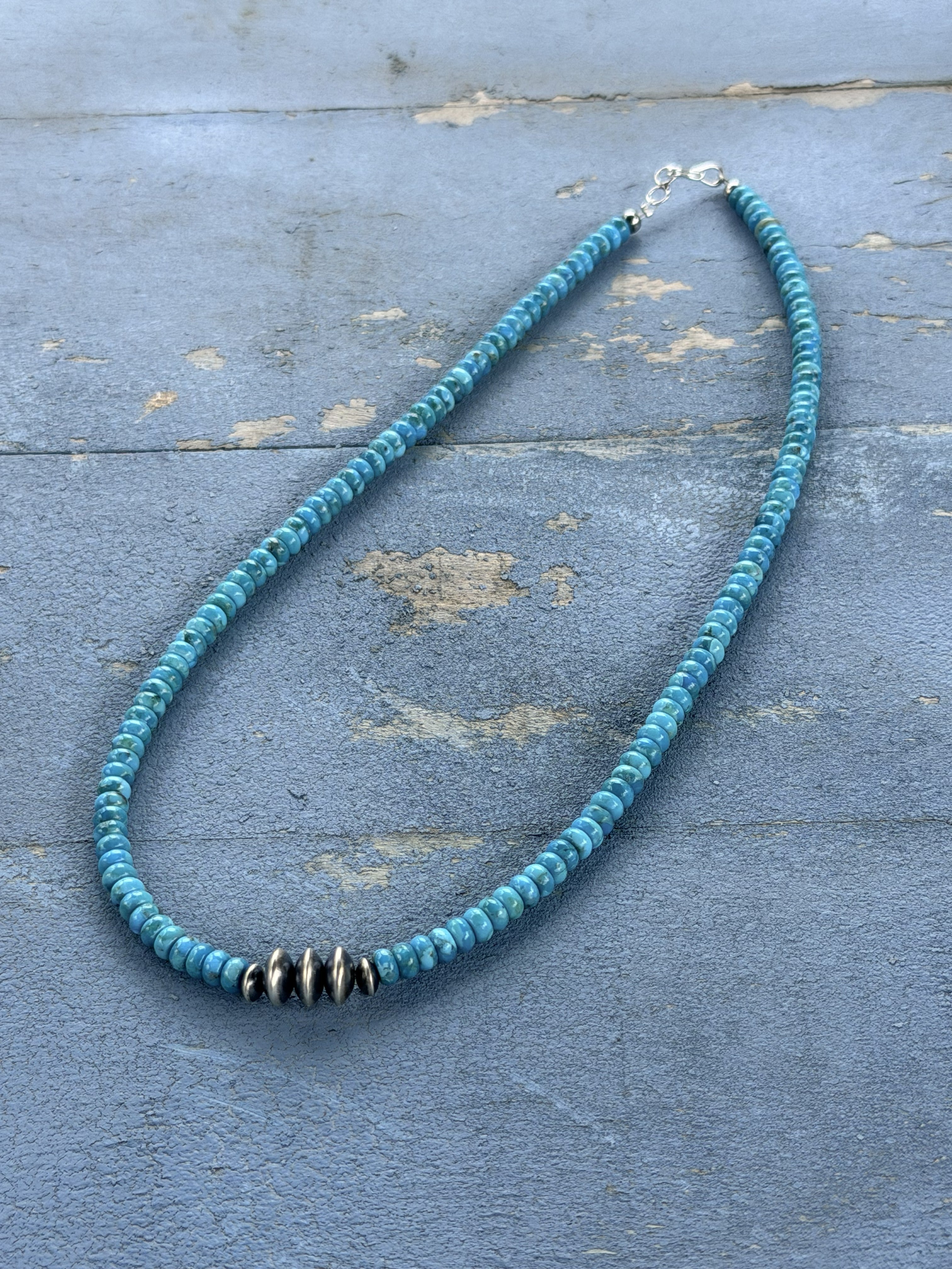*Native American Made*  Navajo Miranda Thompson:  18" Sonoran Blue Turquoise with Sterling Silver Navajo Saucers