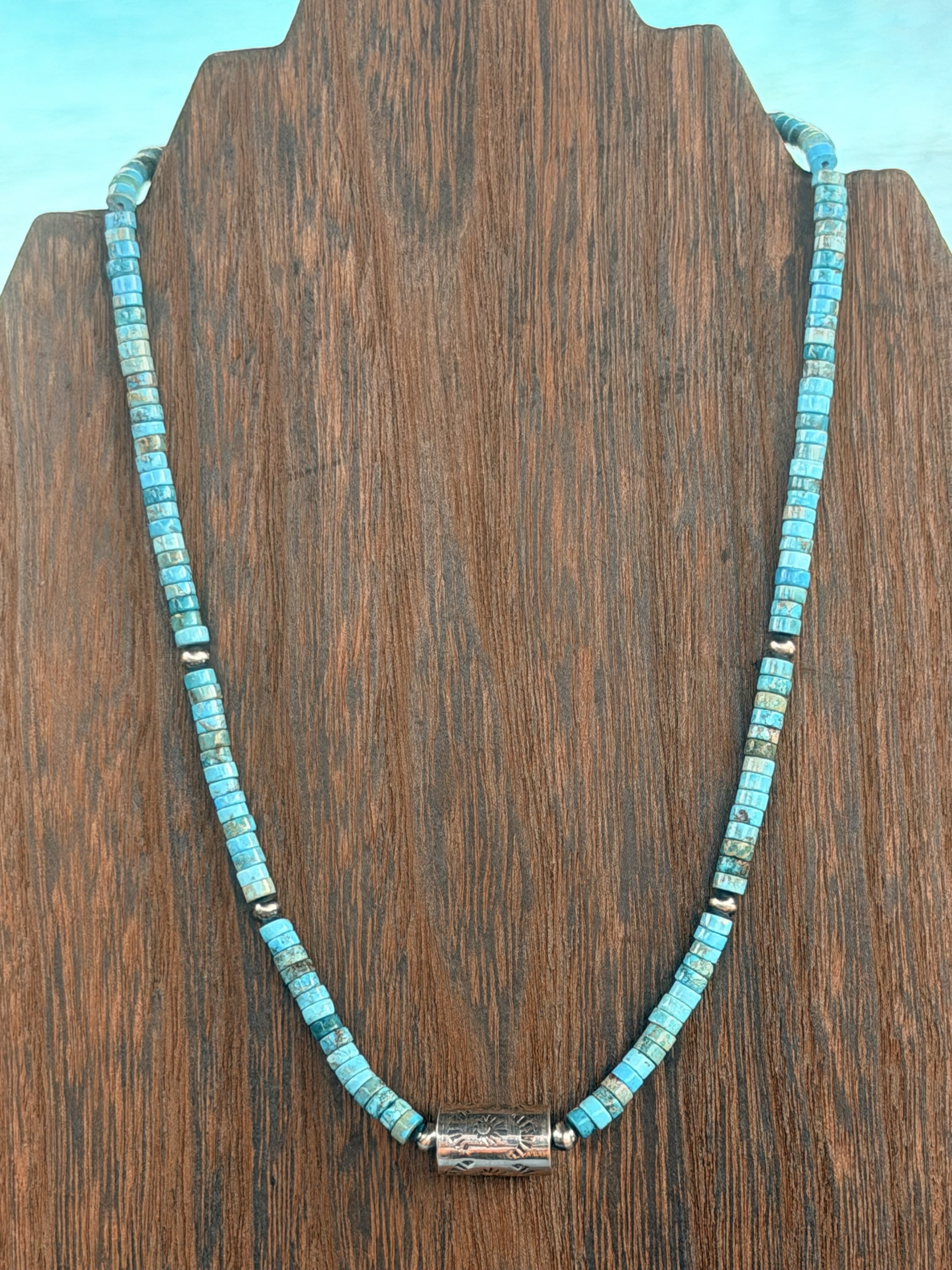 *Native American Made* Navajo Meranda Thompson:  17" Turquoise with Barrel Necklace
