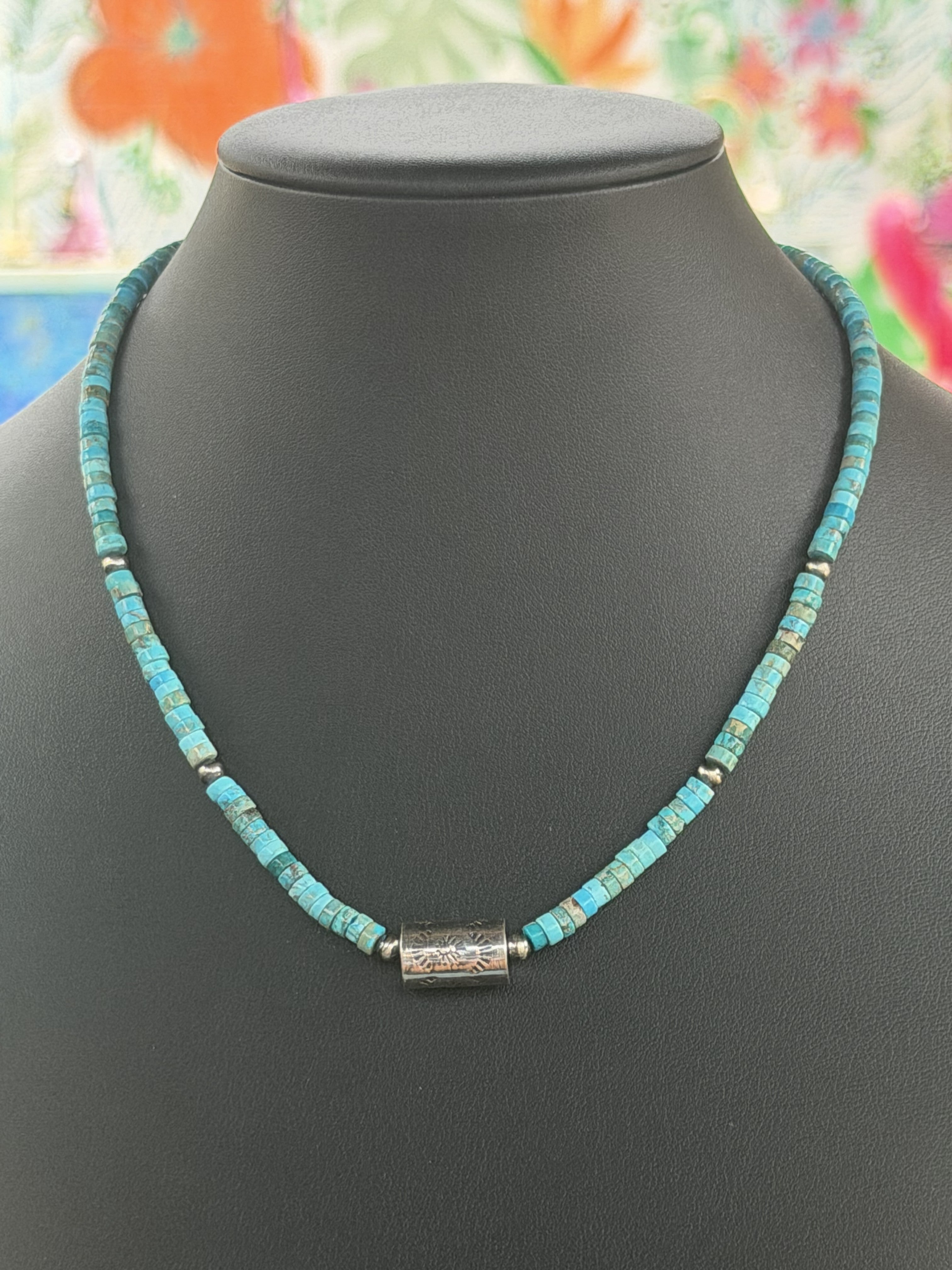 *Native American Made* Navajo Meranda Thompson:  17" Turquoise with Barrel Necklace