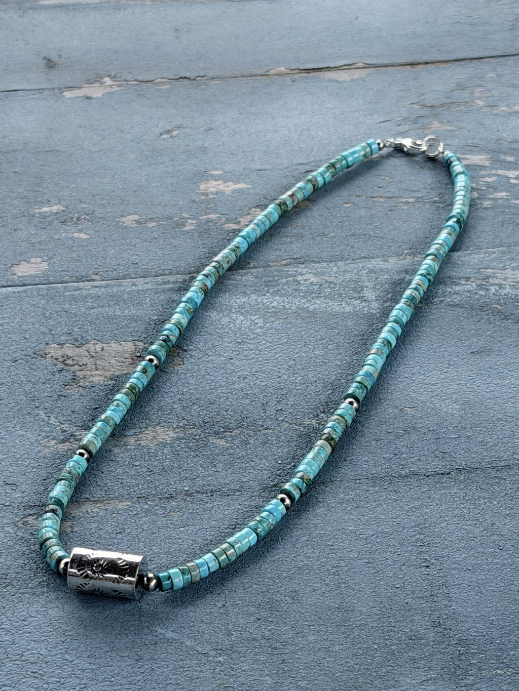 *Native American Made* Navajo Meranda Thompson:  17" Turquoise with Barrel Necklace