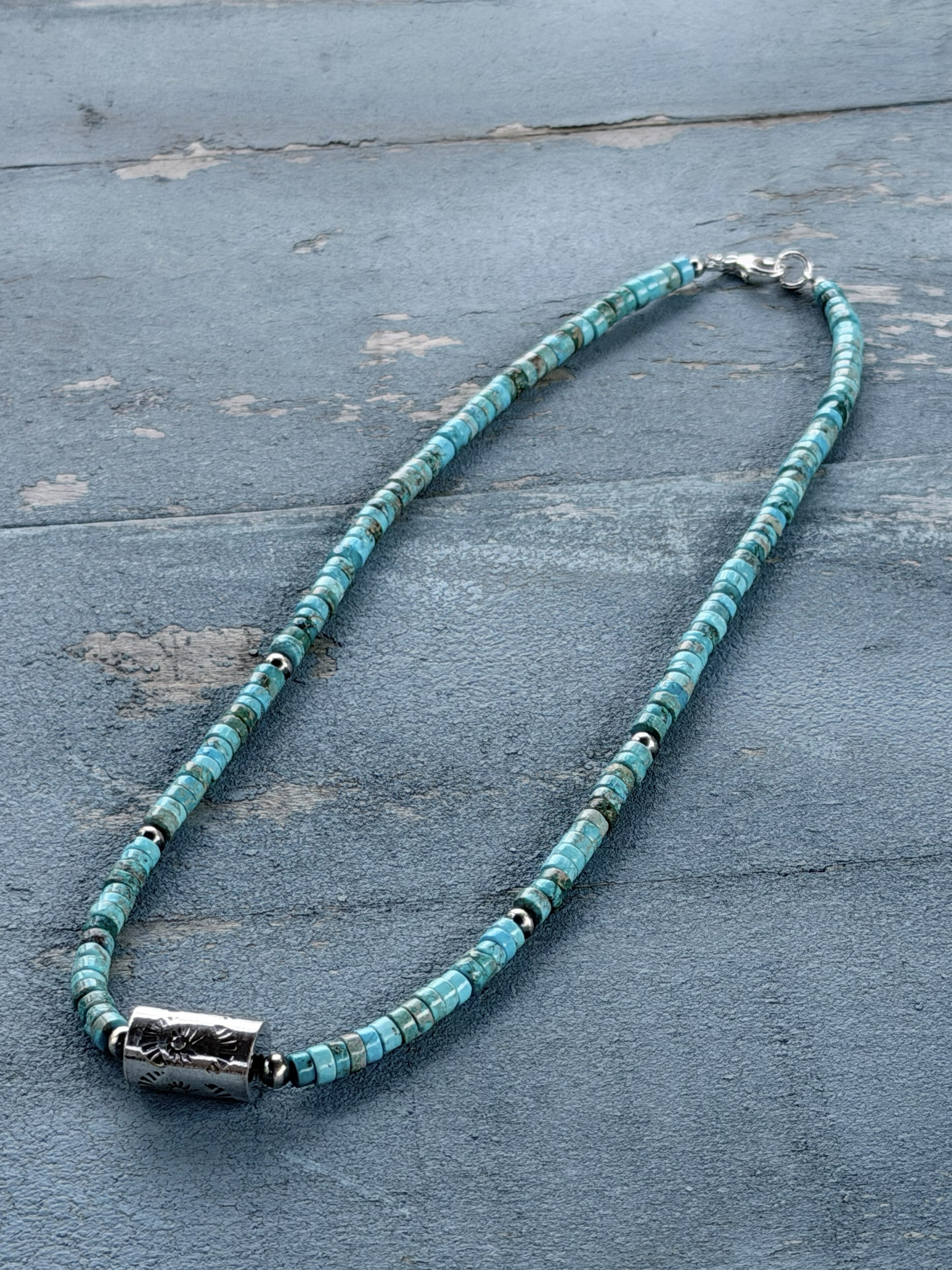 *Native American Made* Navajo Meranda Thompson:  17" Turquoise with Barrel Necklace