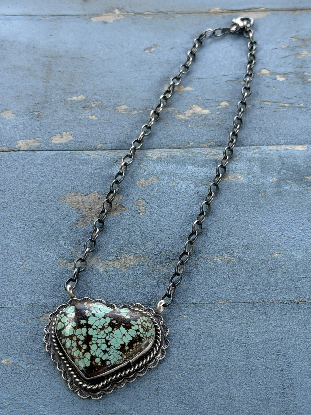 *Native American Made*  Navajo Rick Enriquez:  Large Mine #8 Heart Necklace