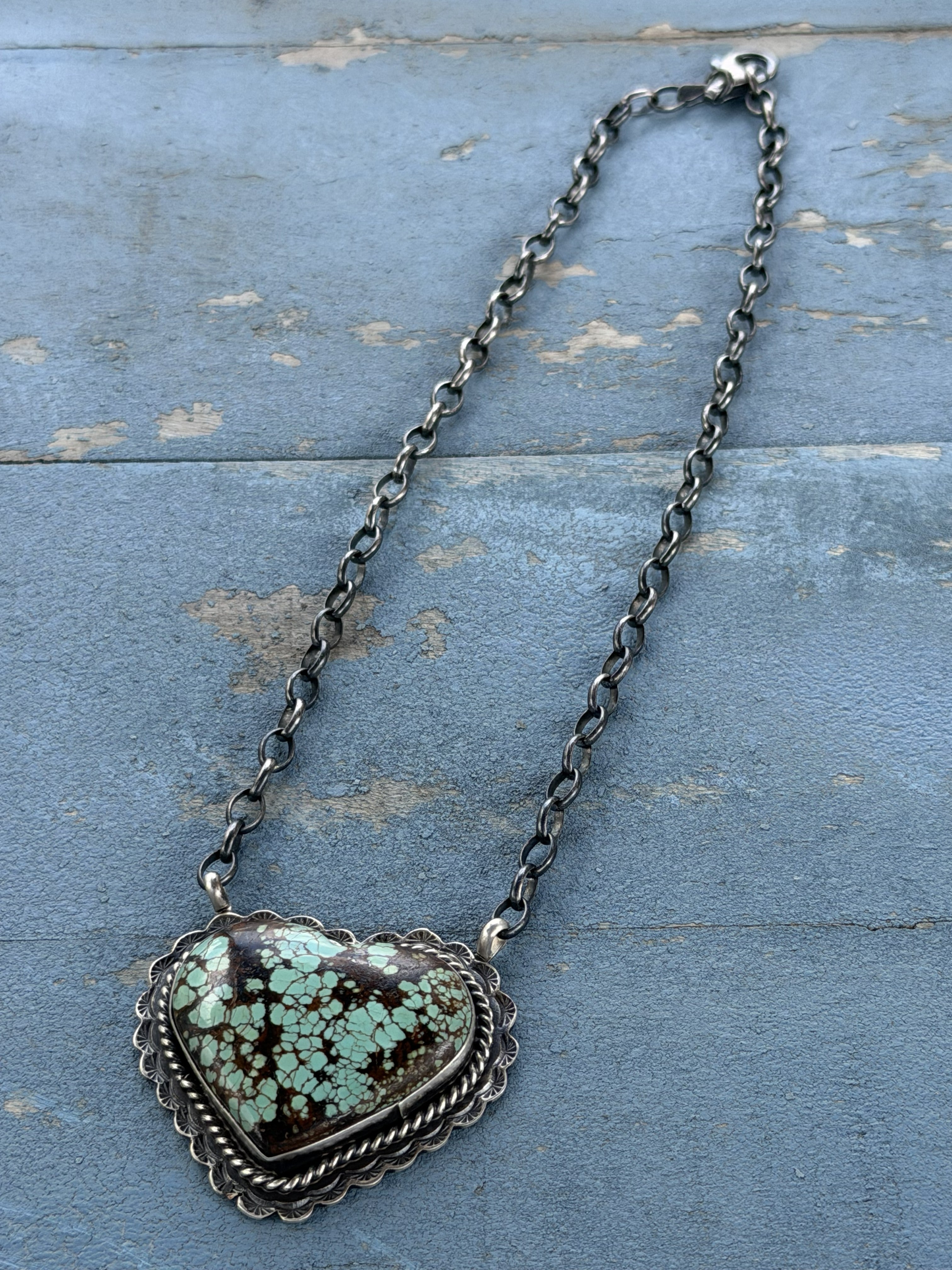 *Native American Made*  Navajo Rick Enriquez:  Large Mine #8 Heart Necklace