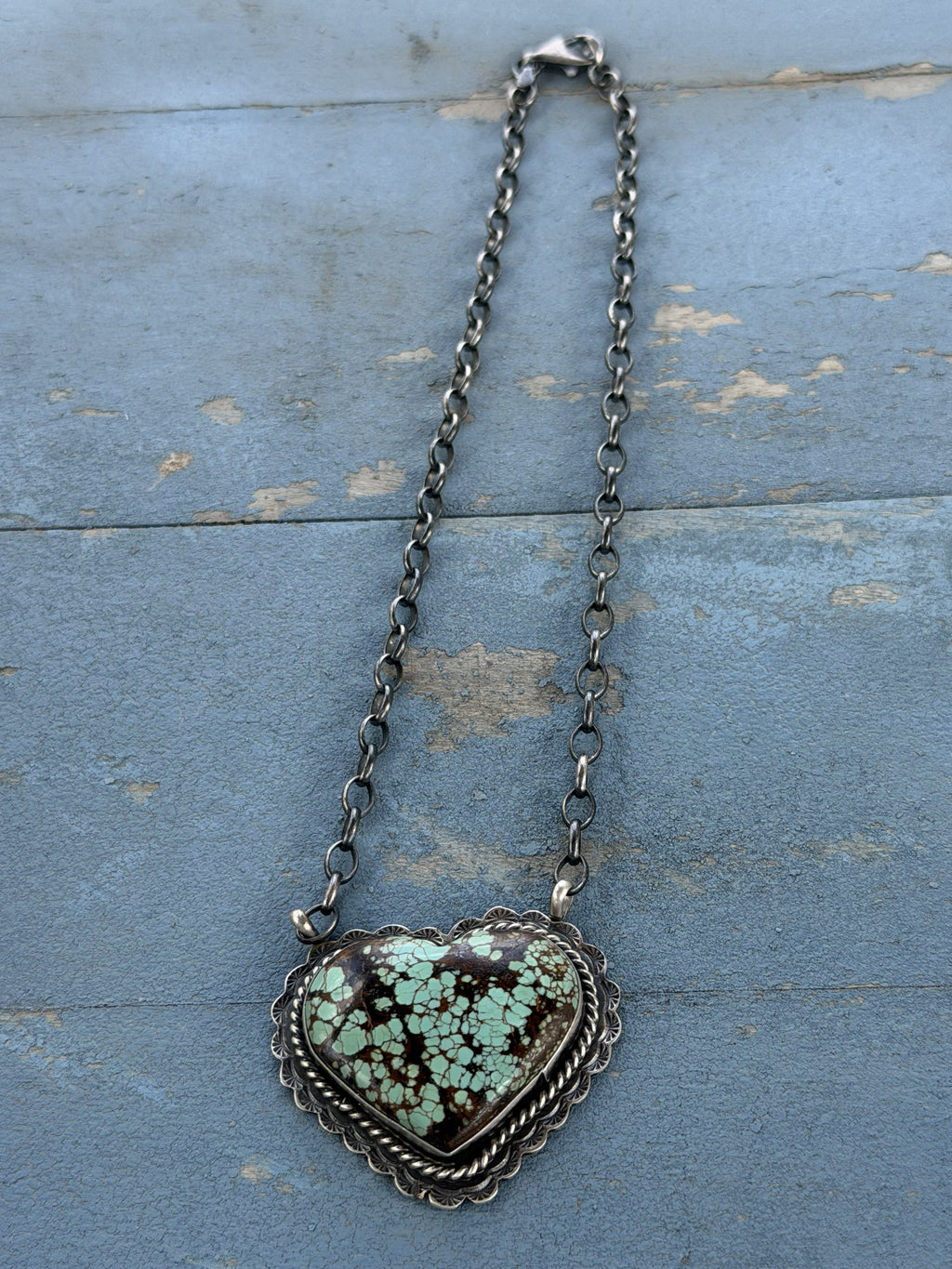 *Native American Made*  Navajo Rick Enriquez:  Large Mine #8 Heart Necklace