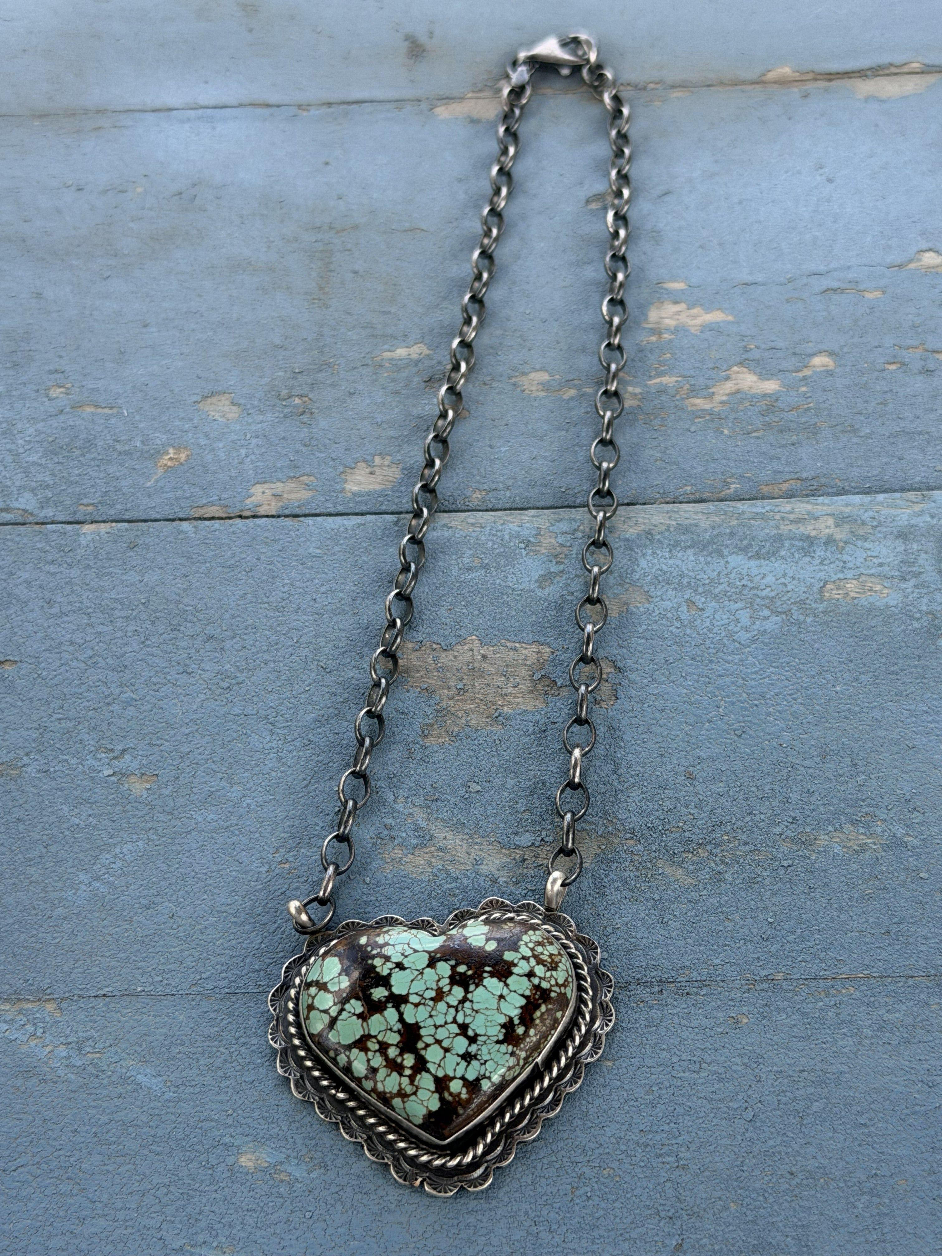 *Native American Made*  Navajo Rick Enriquez:  Large Mine #8 Heart Necklace