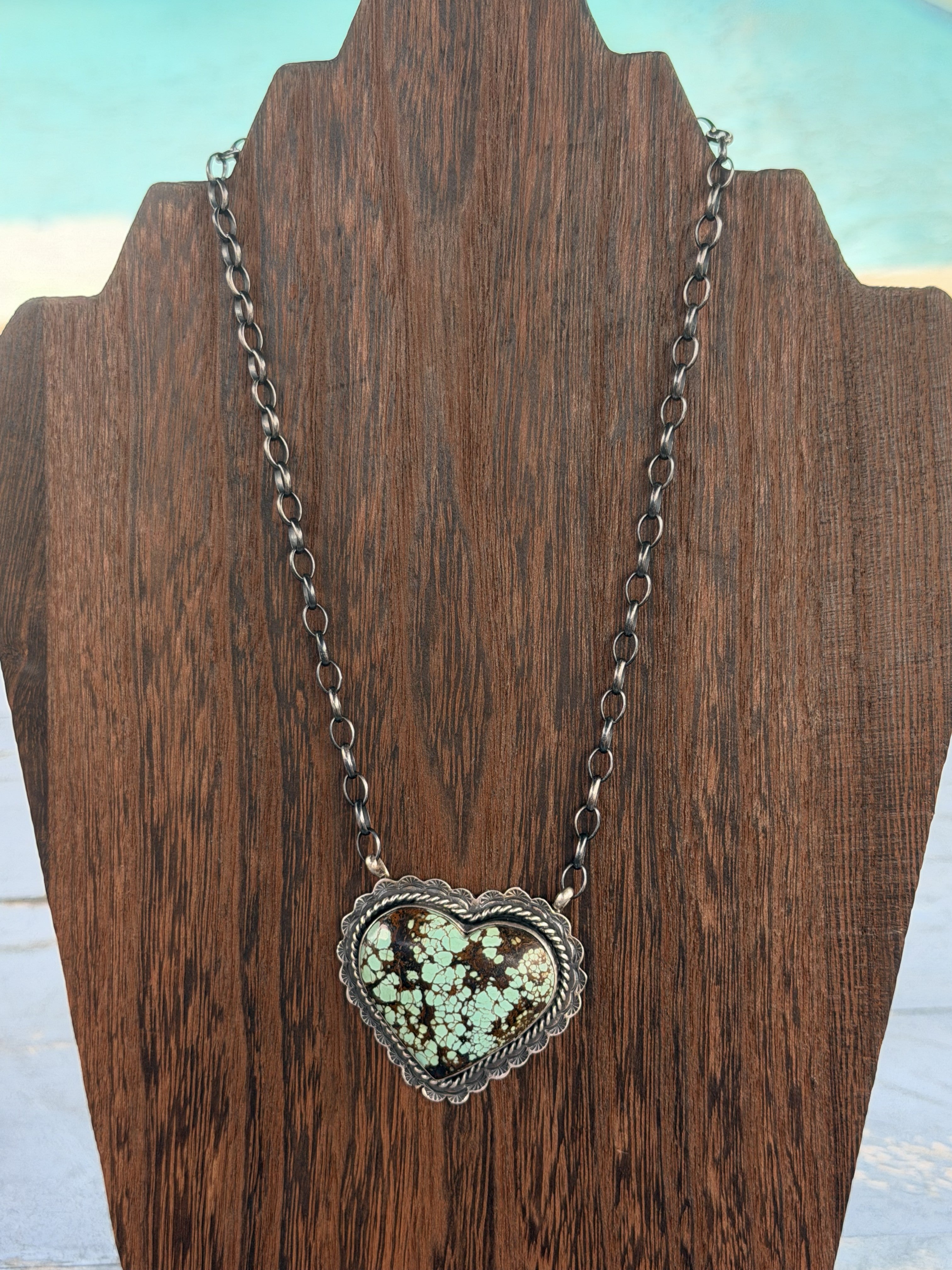 *Native American Made*  Navajo Rick Enriquez:  Large Mine #8 Heart Necklace