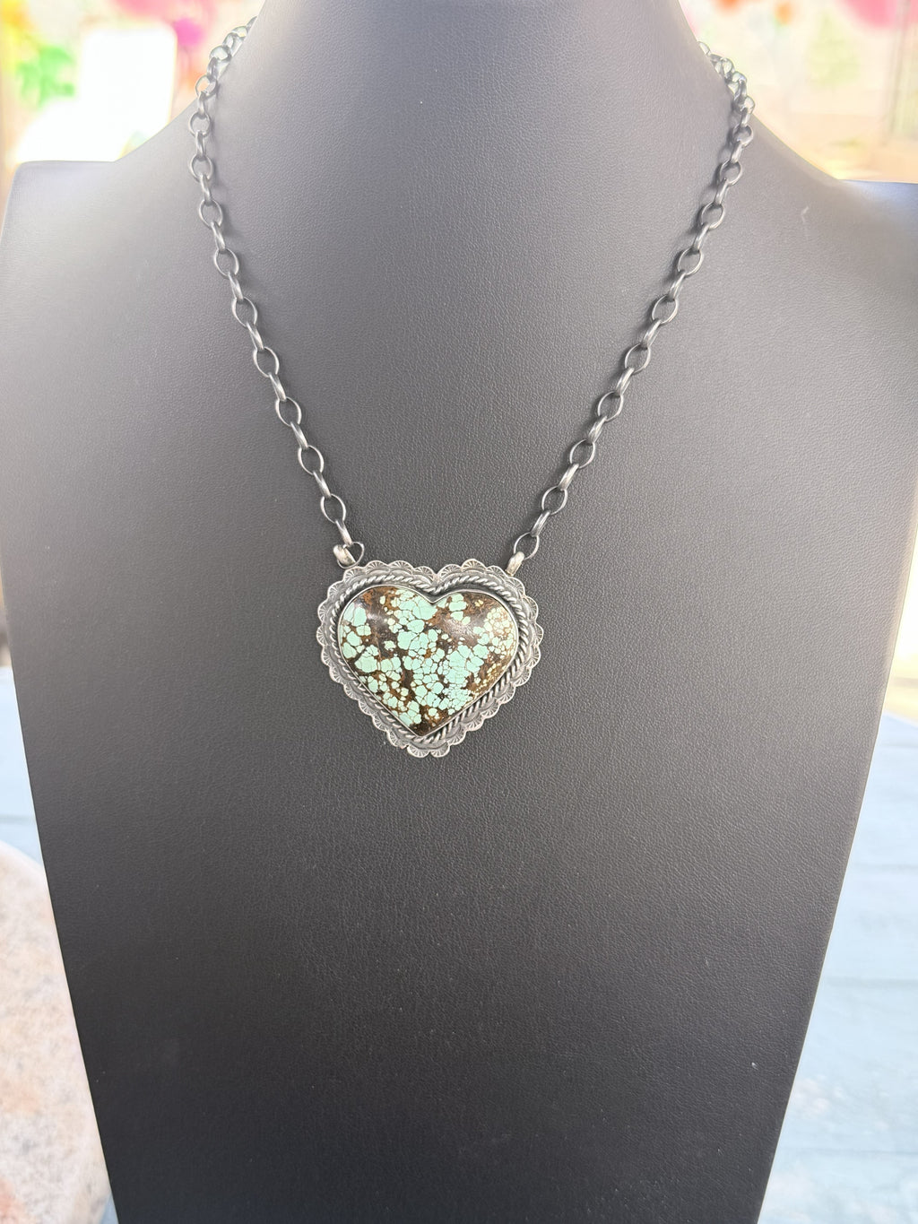 *Native American Made*  Navajo Rick Enriquez:  Large Mine #8 Heart Necklace