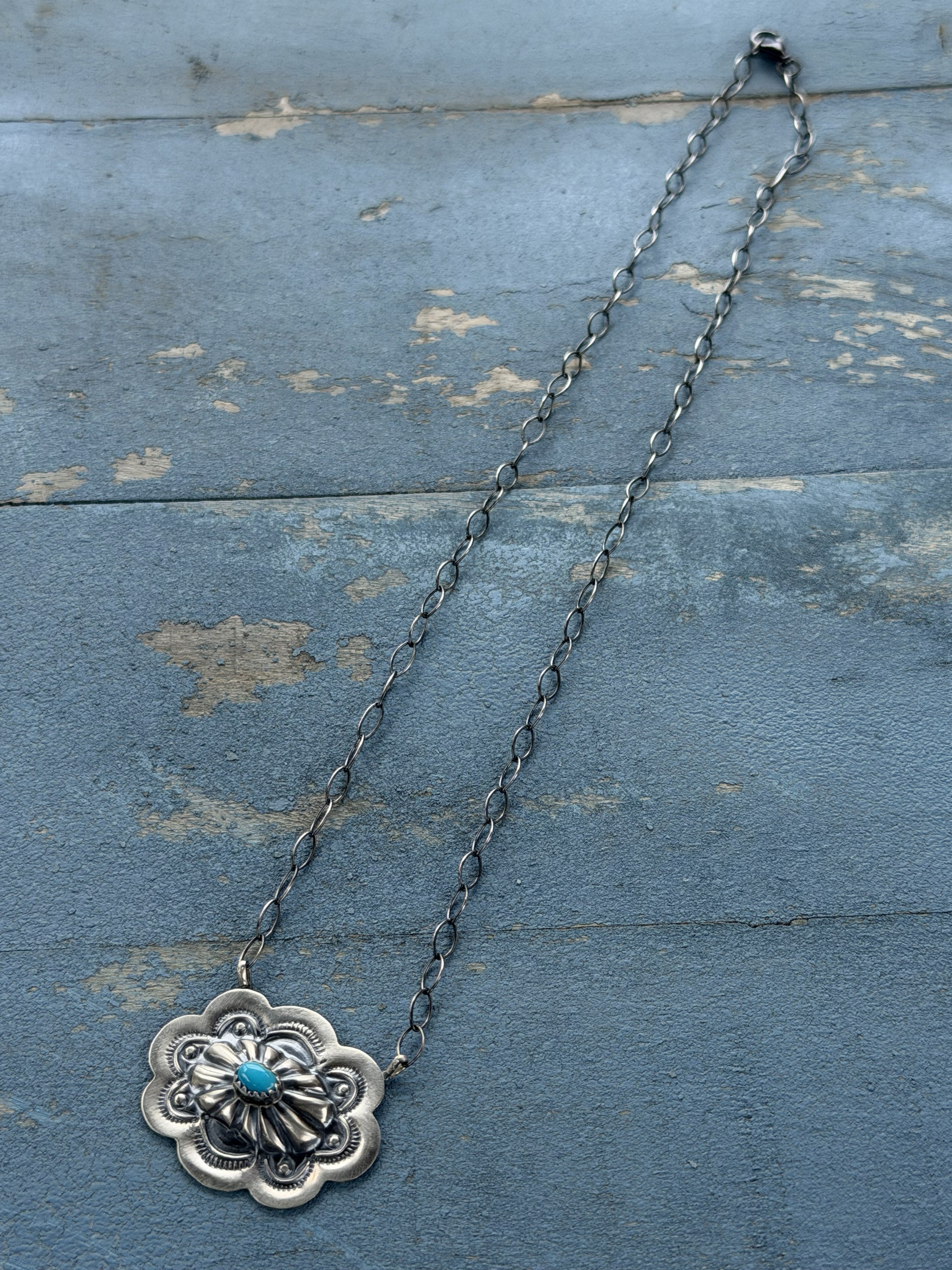 *Native American Made*  Navajo Lavina Benally:  Sterling Silver Solo Concho Necklace