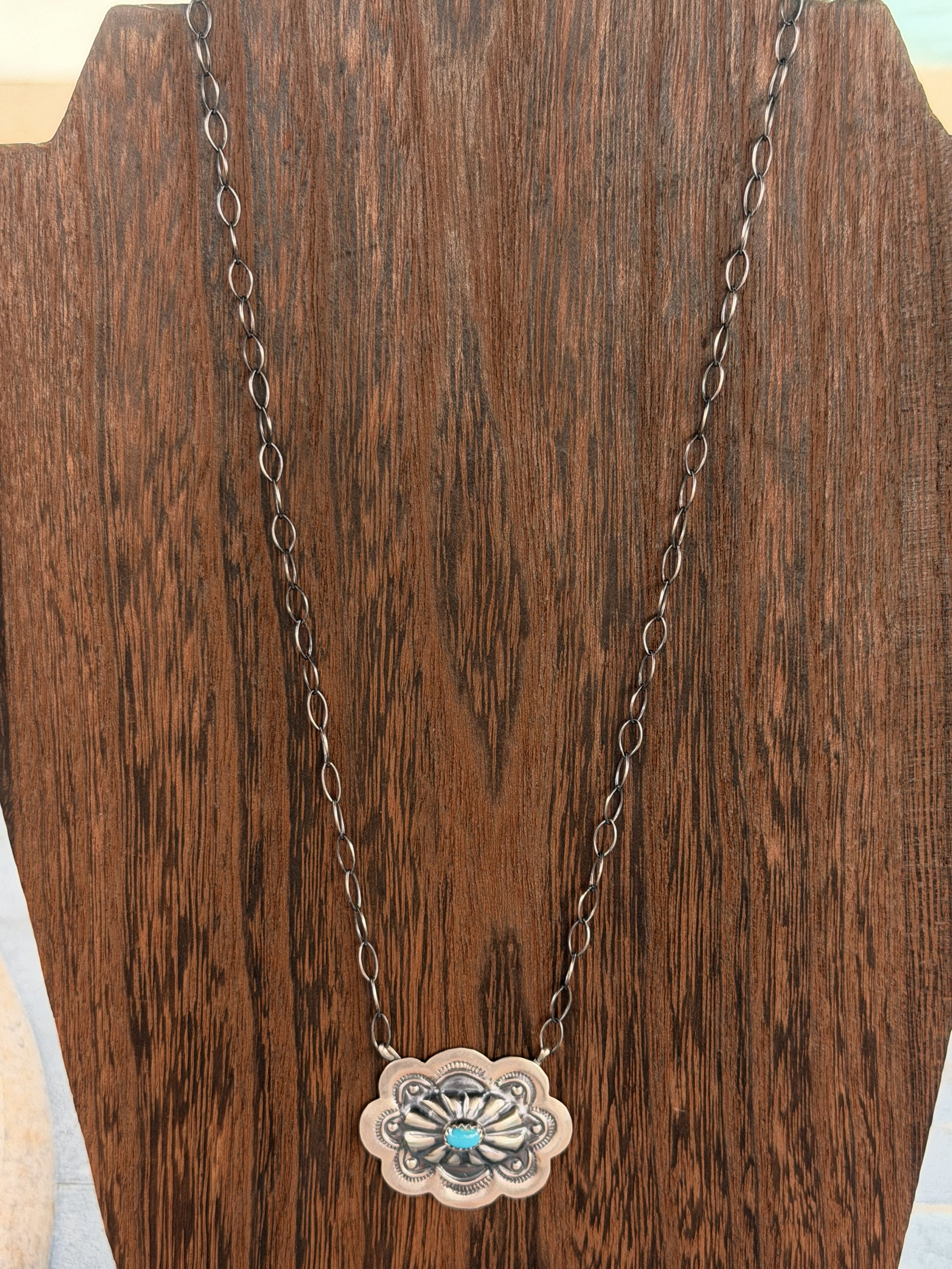*Native American Made*  Navajo Lavina Benally:  Sterling Silver Solo Concho Necklace
