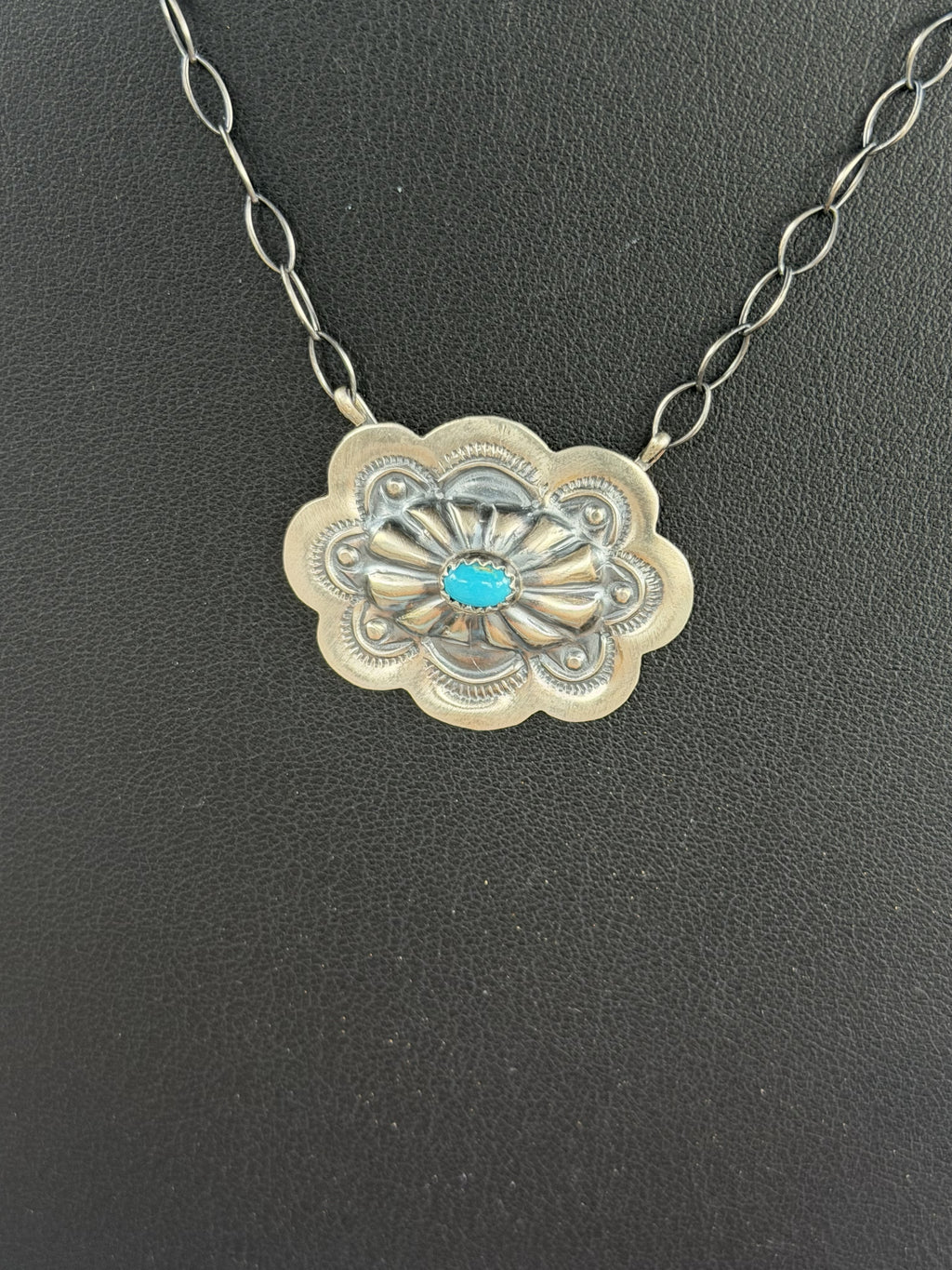 *Native American Made*  Navajo Lavina Benally:  Sterling Silver Solo Concho Necklace