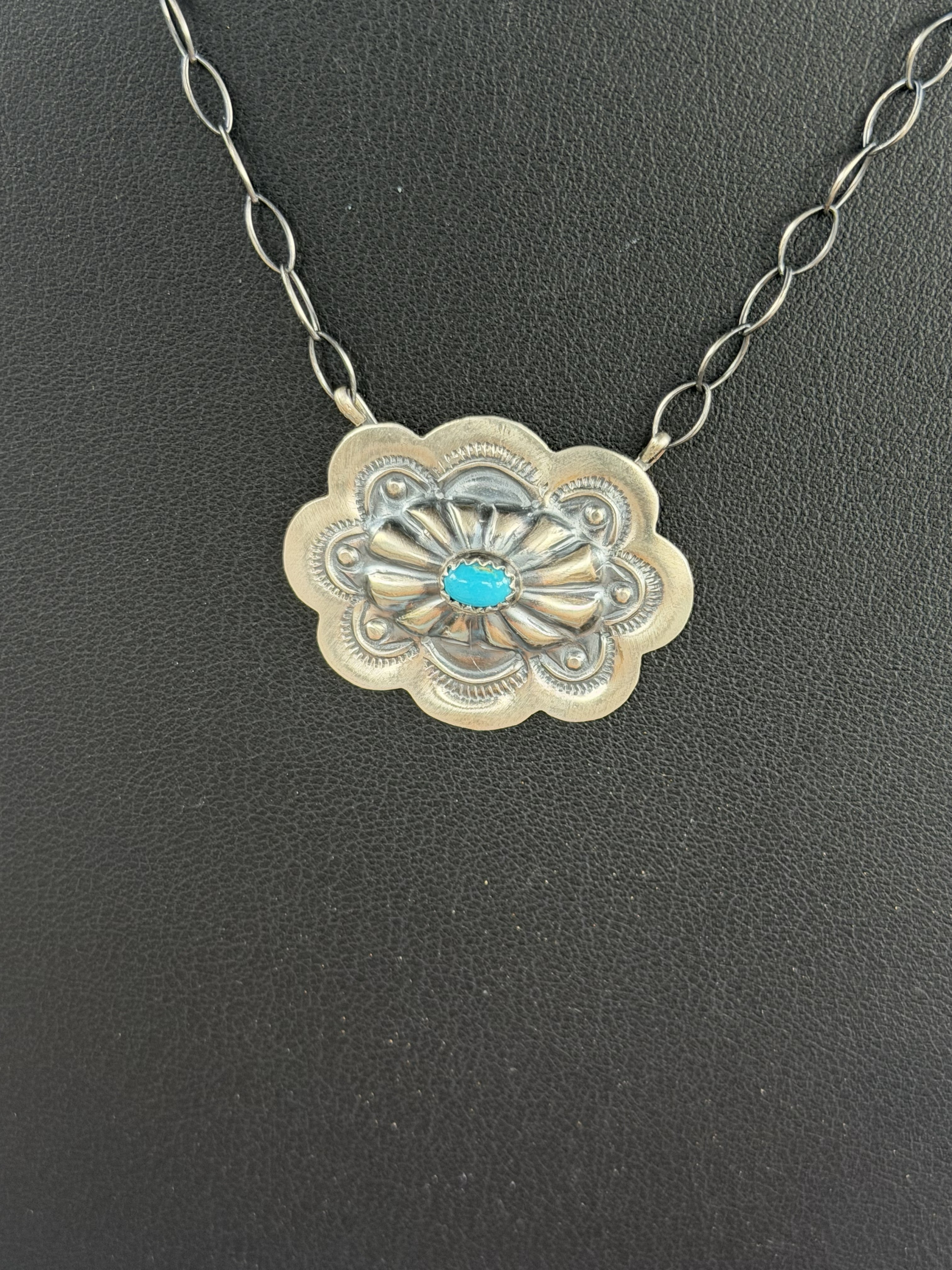 *Native American Made*  Navajo Lavina Benally:  Sterling Silver Solo Concho Necklace