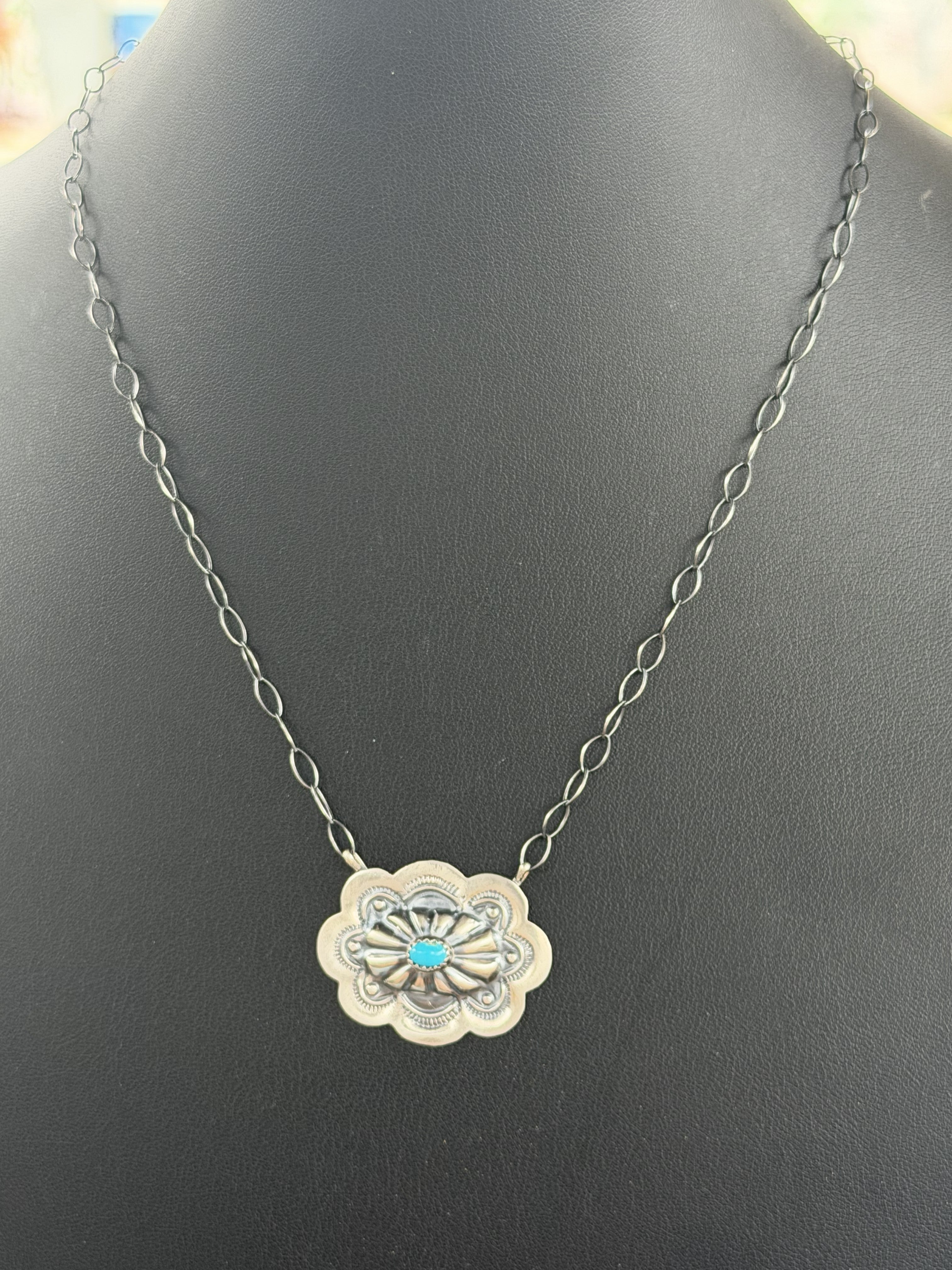 *Native American Made*  Navajo Lavina Benally:  Sterling Silver Solo Concho Necklace