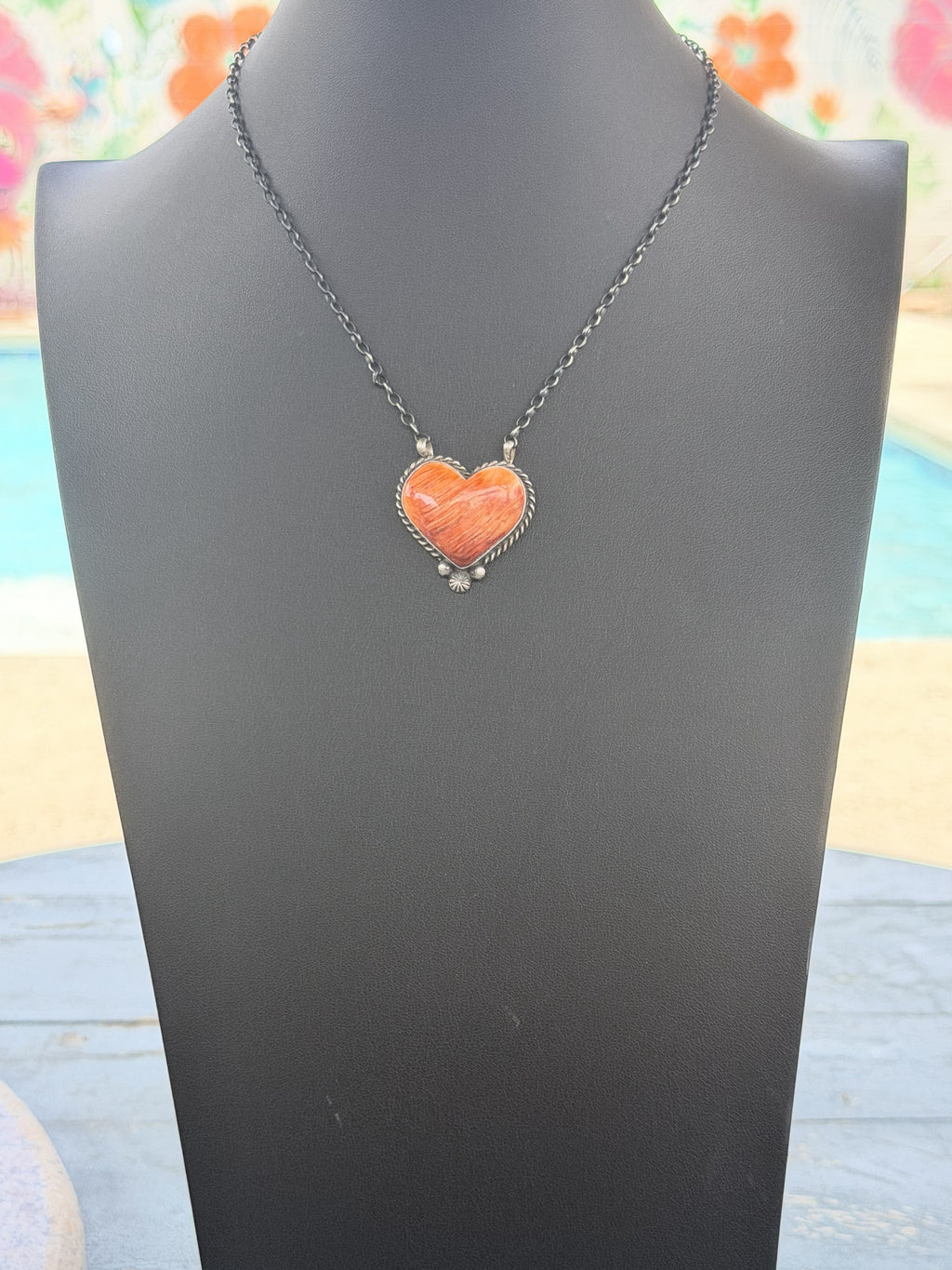 *Native American Made* Navajo Chastity Belone:  18" Sterling Silver with Orange Spiny Heart Necklace