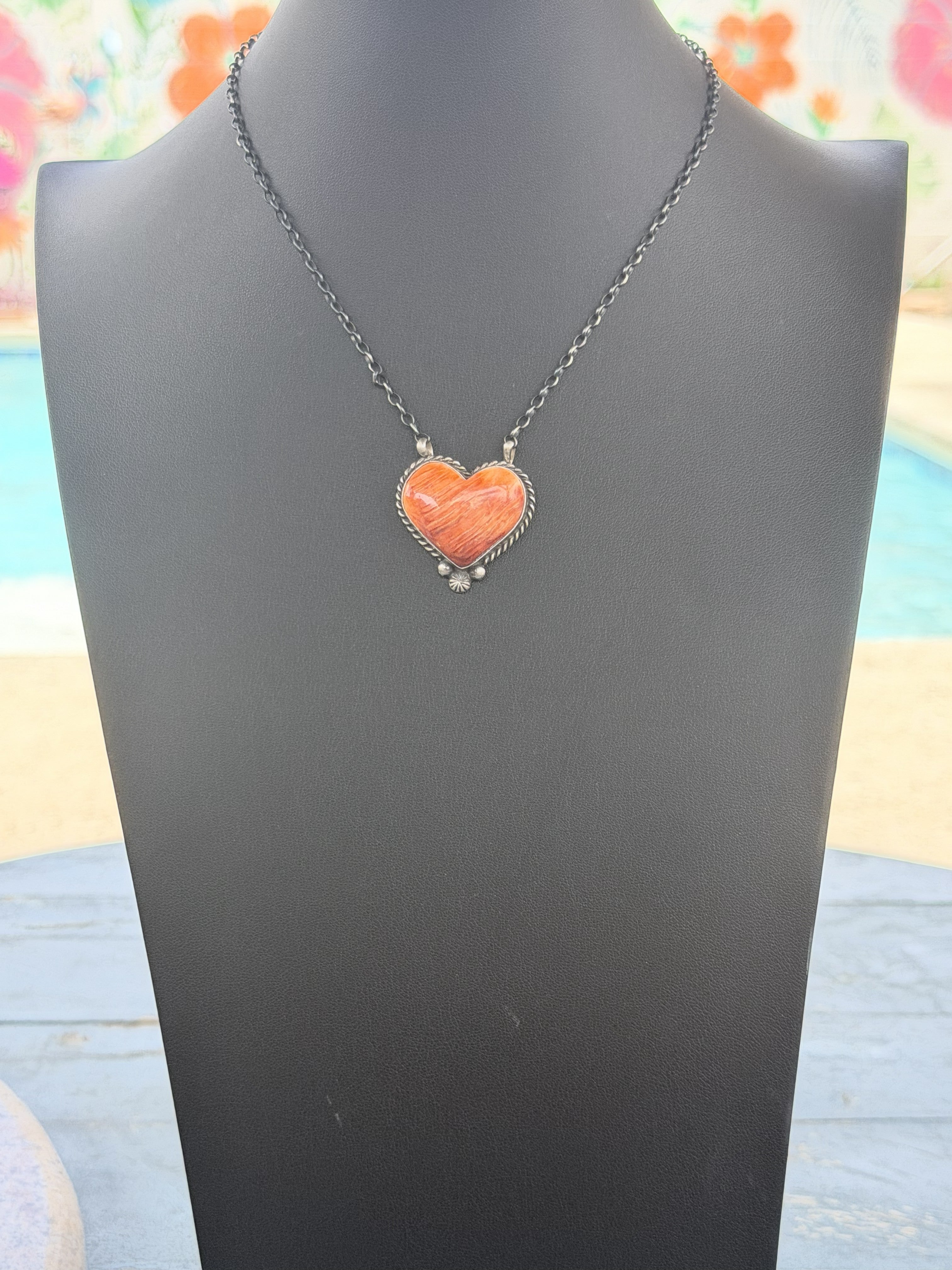 *Native American Made* Navajo Chastity Belone:  18" Sterling Silver with Orange Spiny Heart Necklace