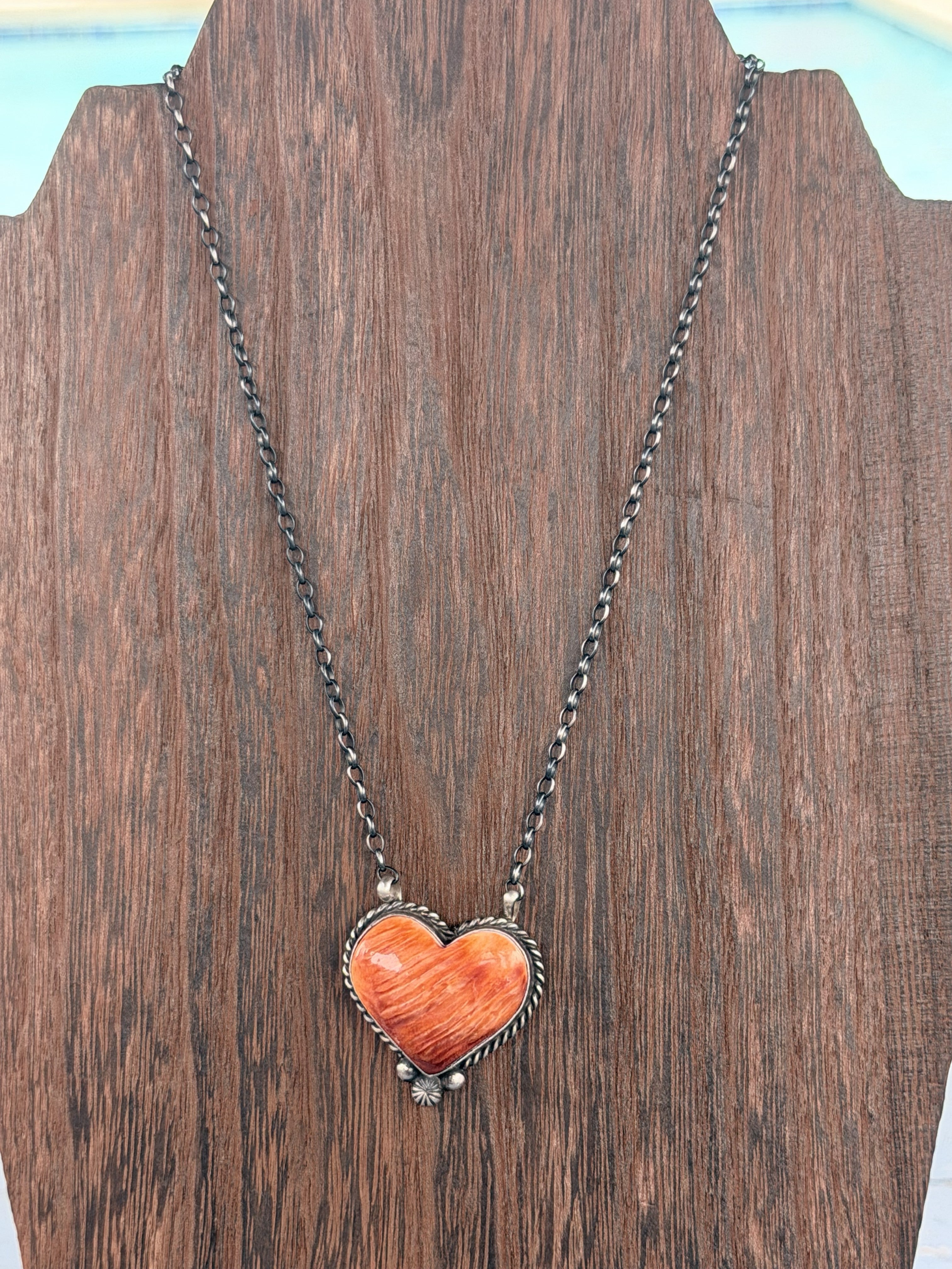 *Native American Made* Navajo Chastity Belone:  18" Sterling Silver with Orange Spiny Heart Necklace