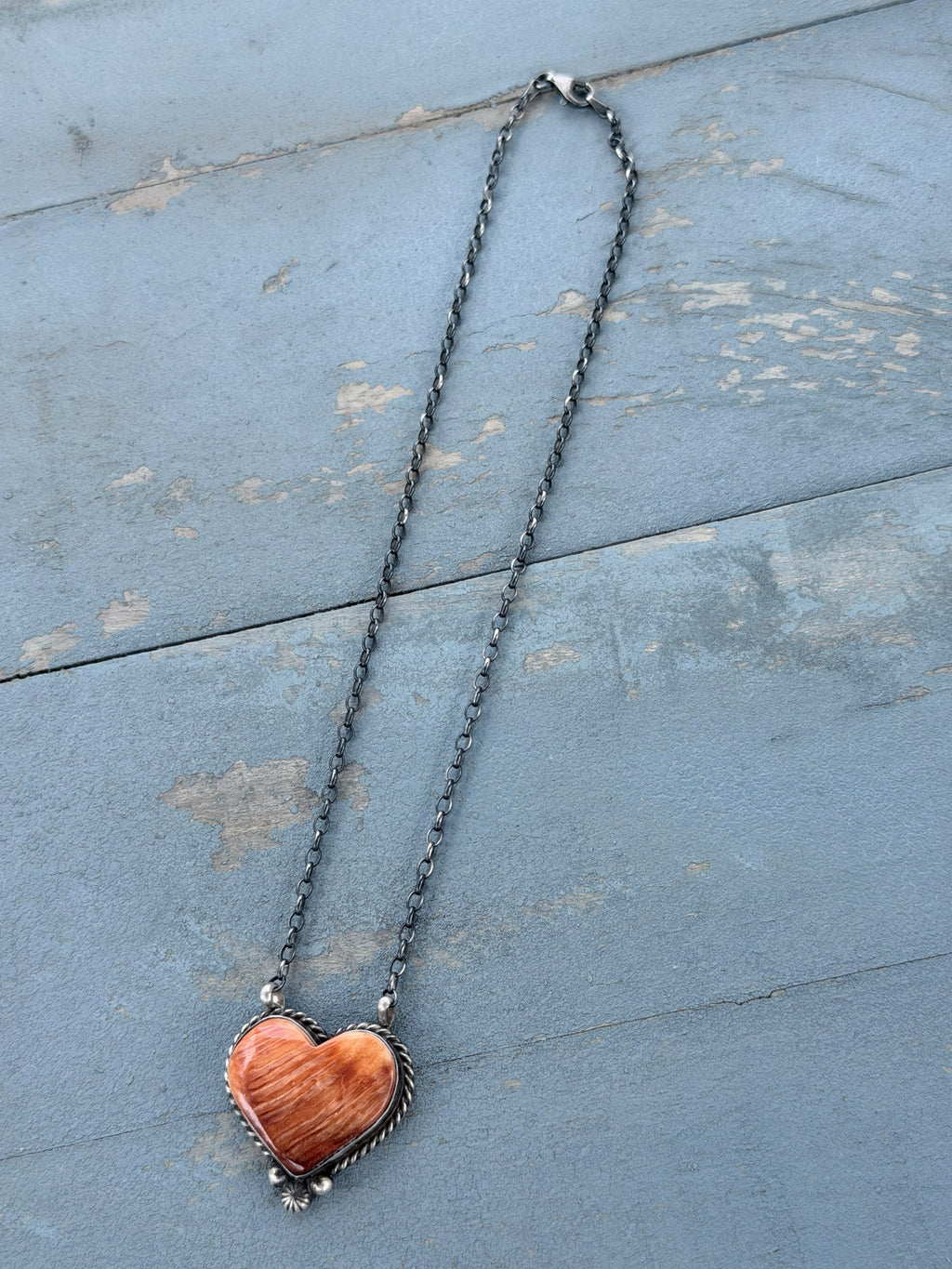 *Native American Made* Navajo Chastity Belone:  18" Sterling Silver with Orange Spiny Heart Necklace