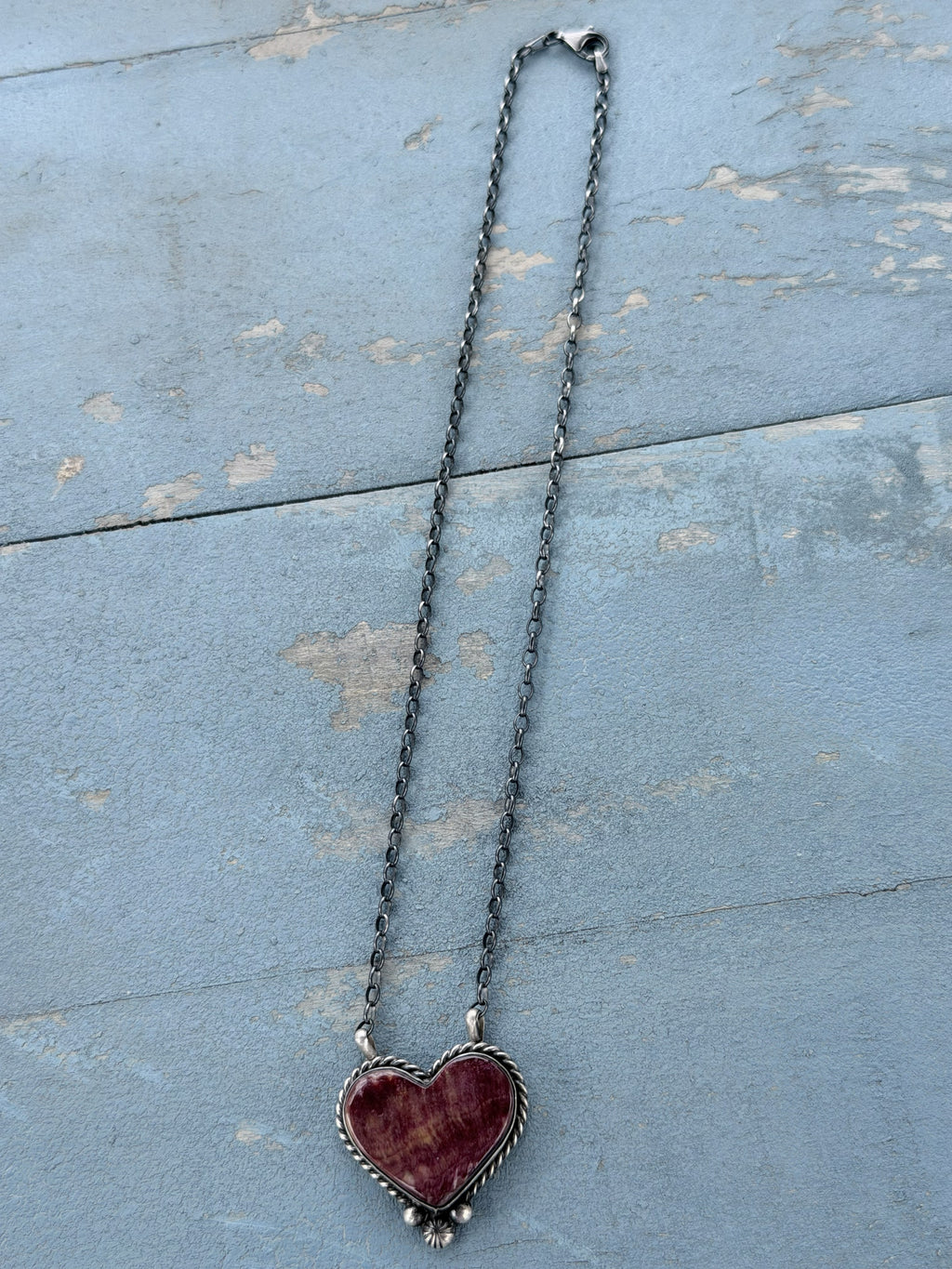 *Native American Made*  Navajo Chastity Belone:  Sterling Silver with Purple Spiny Heart Necklace