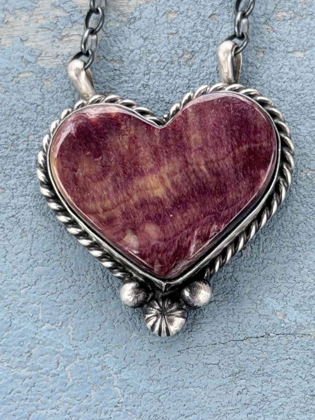 *Native American Made*  Navajo Chastity Belone:  Sterling Silver with Purple Spiny Heart Necklace