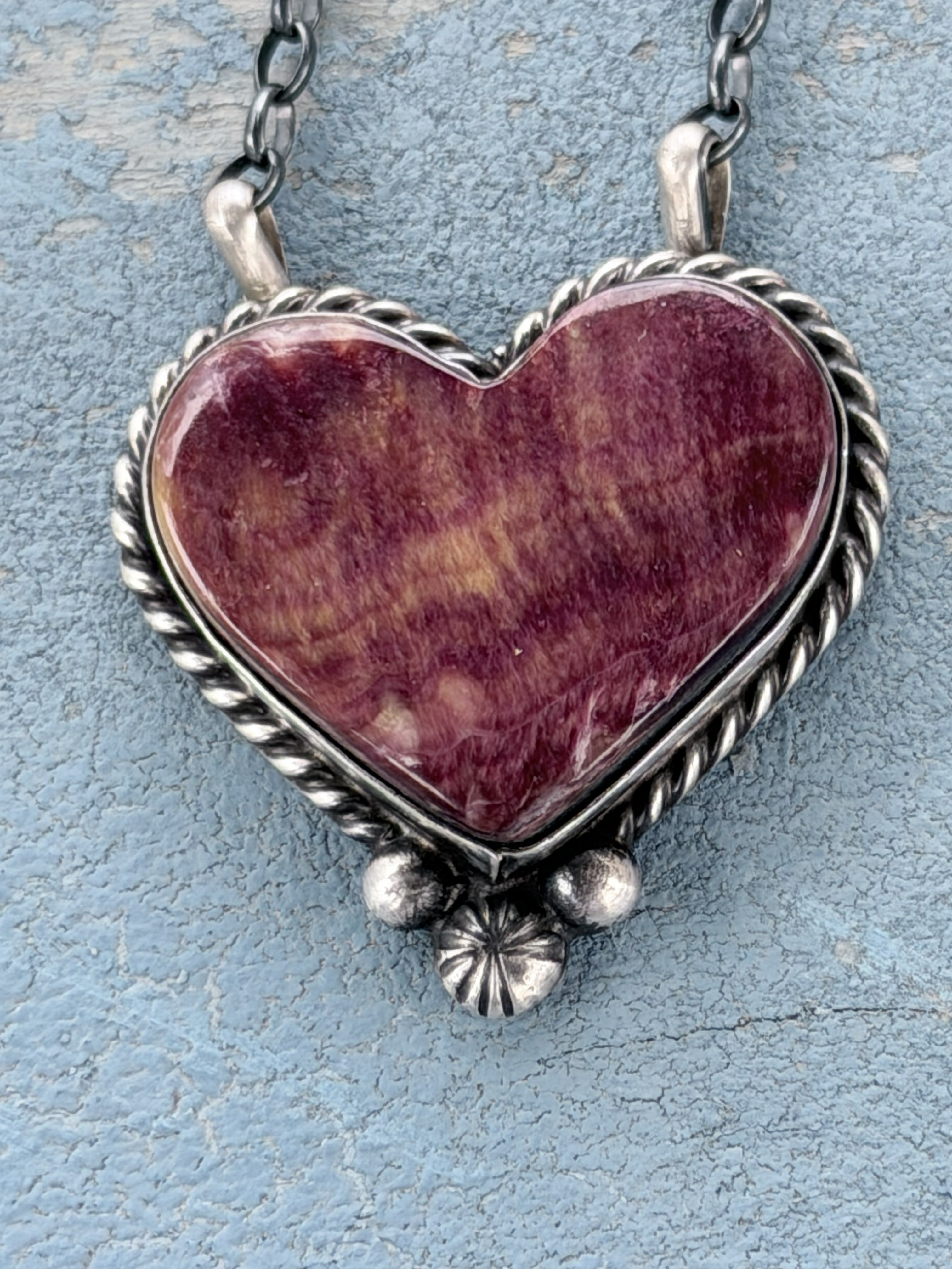 *Native American Made*  Navajo Chastity Belone:  Sterling Silver with Purple Spiny Heart Necklace