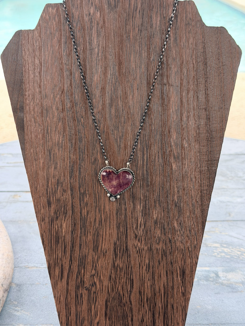 *Native American Made*  Navajo Chastity Belone:  Sterling Silver with Purple Spiny Heart Necklace