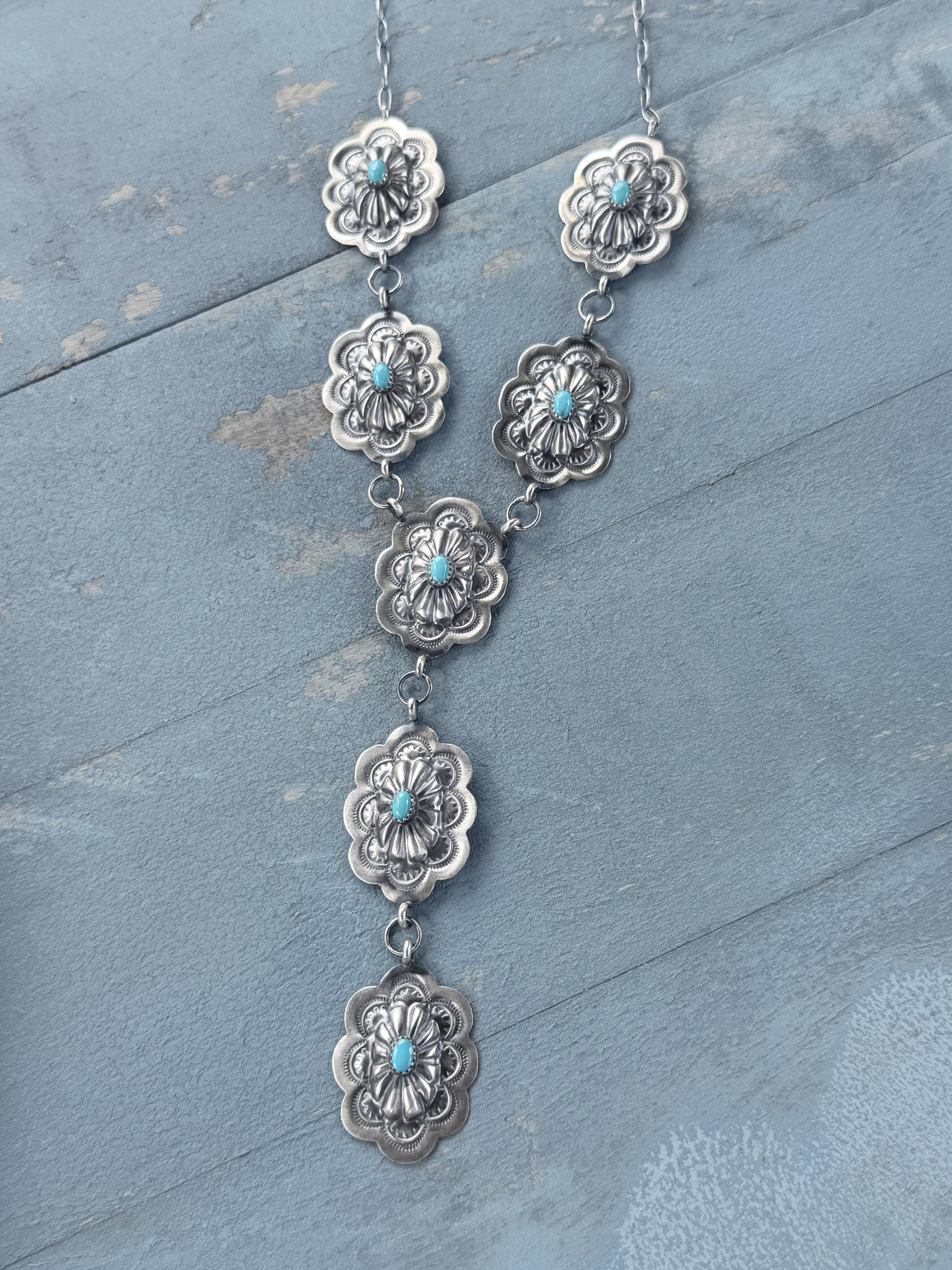 *Native American Made*  Navajo Lavina Benally:  Sterling Silver Concho Lariat with Sleeping Beauty Turquoise and Earrings