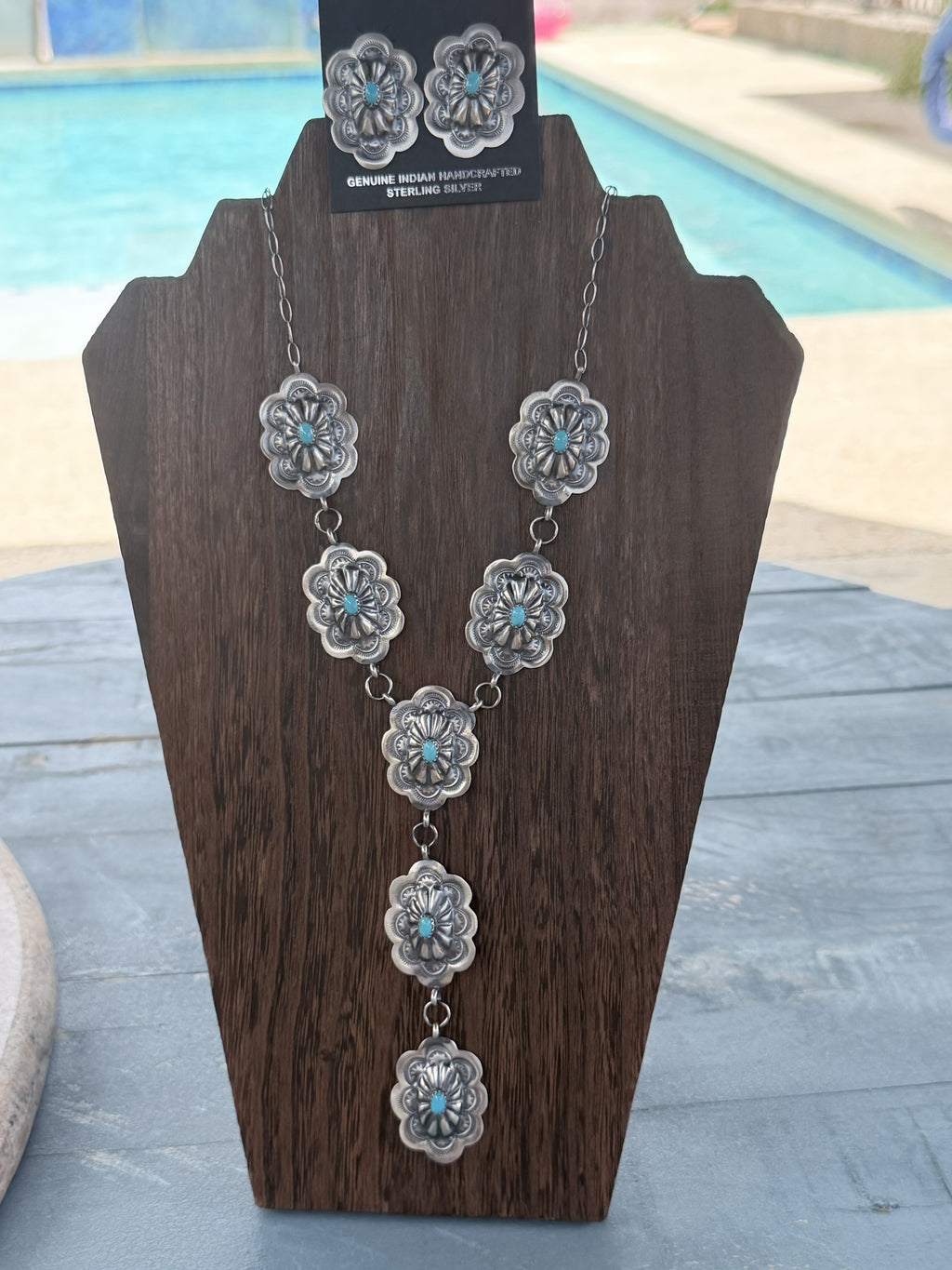 *Native American Made*  Navajo Lavina Benally:  Sterling Silver Concho Lariat with Sleeping Beauty Turquoise and Earrings