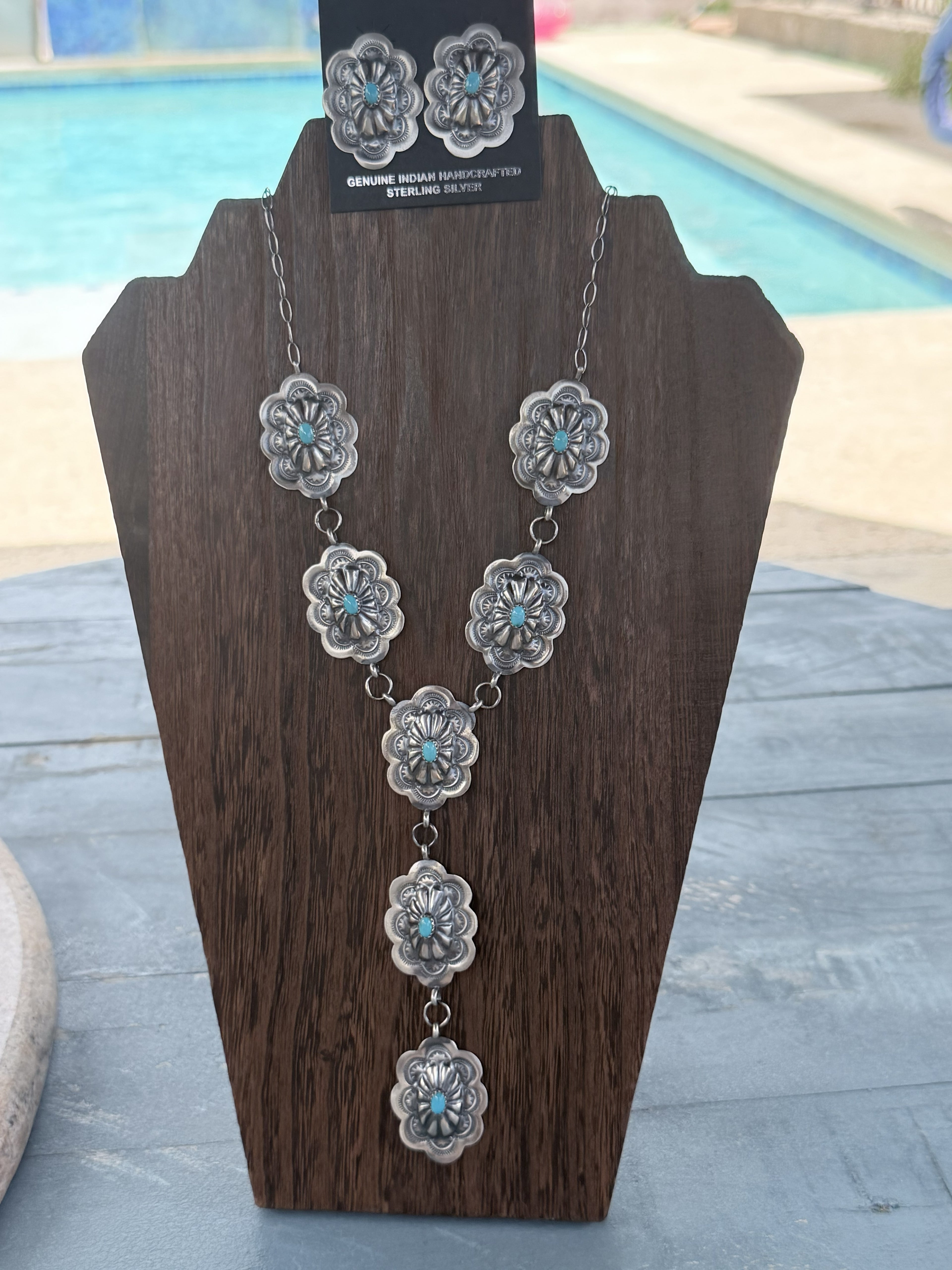 *Native American Made*  Navajo Lavina Benally:  Sterling Silver Concho Lariat with Sleeping Beauty Turquoise and Earrings