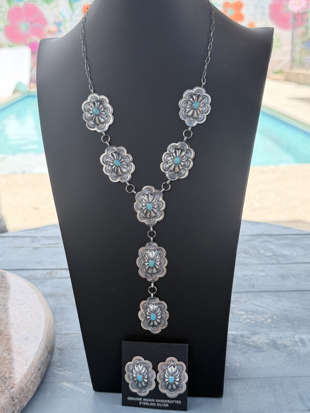 *Native American Made*  Navajo Lavina Benally:  Sterling Silver Concho Lariat with Sleeping Beauty Turquoise and Earrings