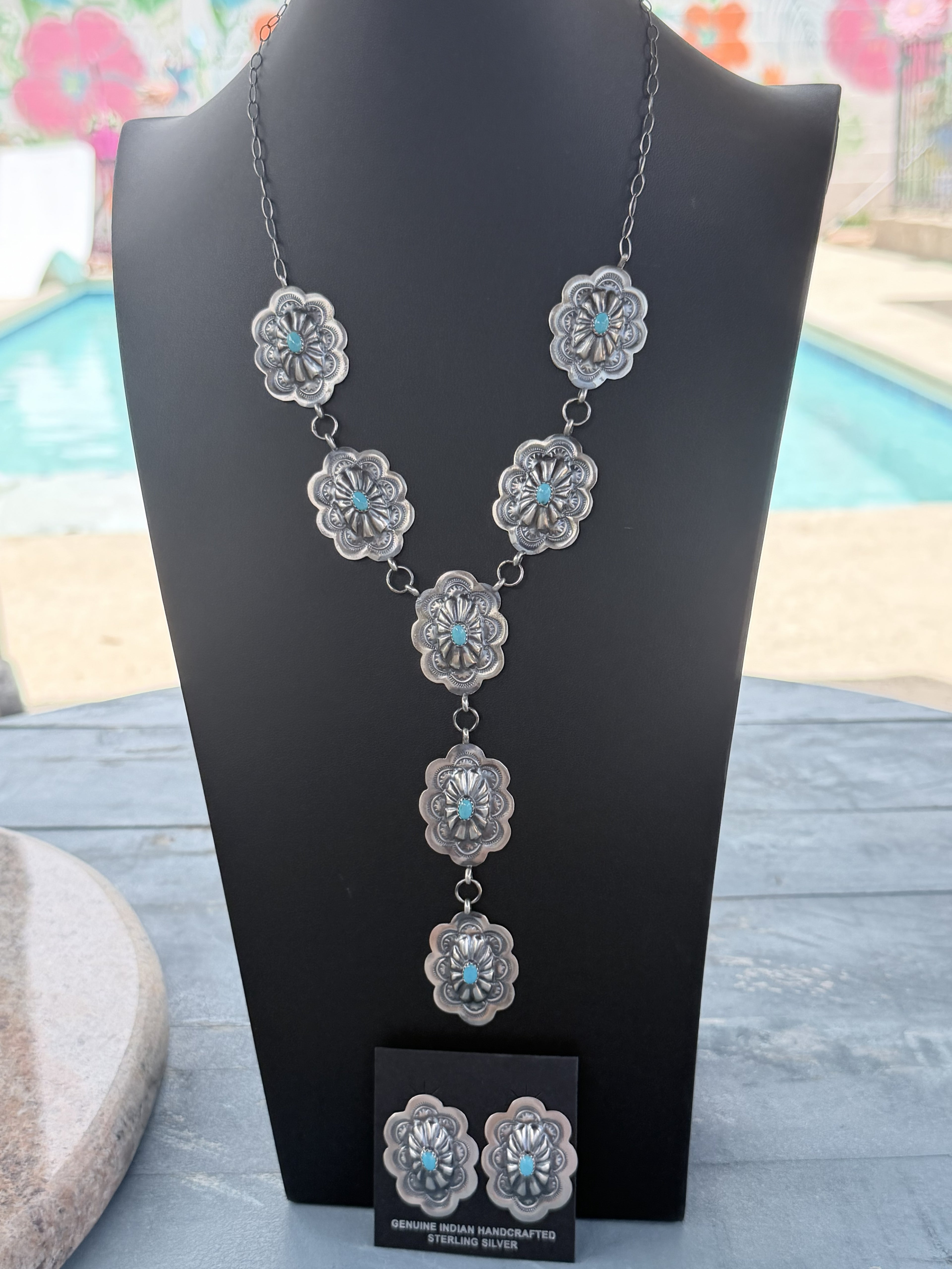 *Native American Made*  Navajo Lavina Benally:  Sterling Silver Concho Lariat with Sleeping Beauty Turquoise and Earrings