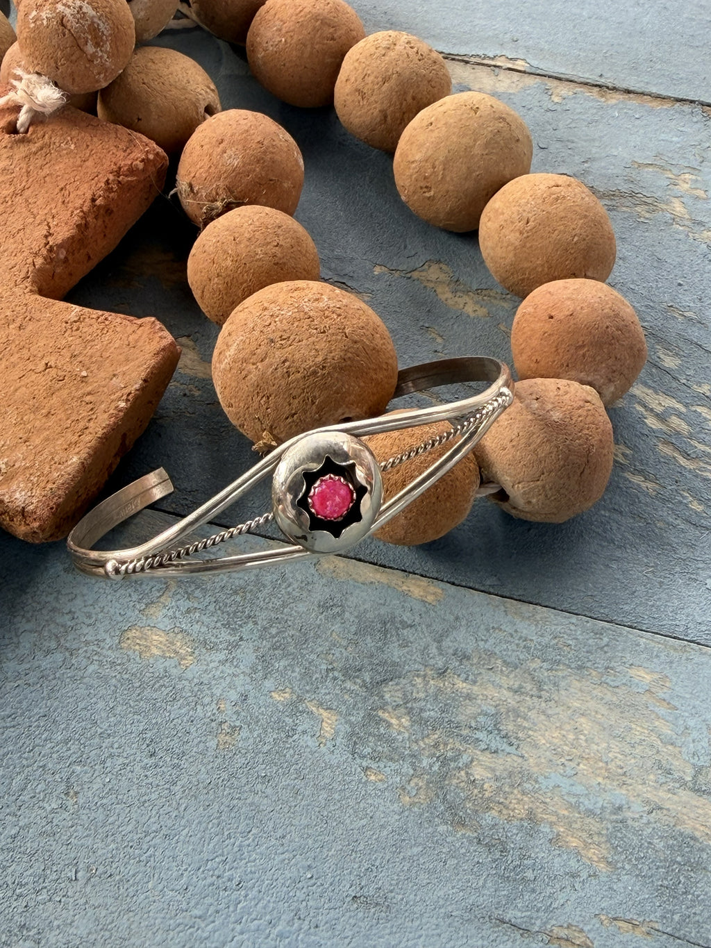 Sterling Silver Small Round Pink Opal Cuff