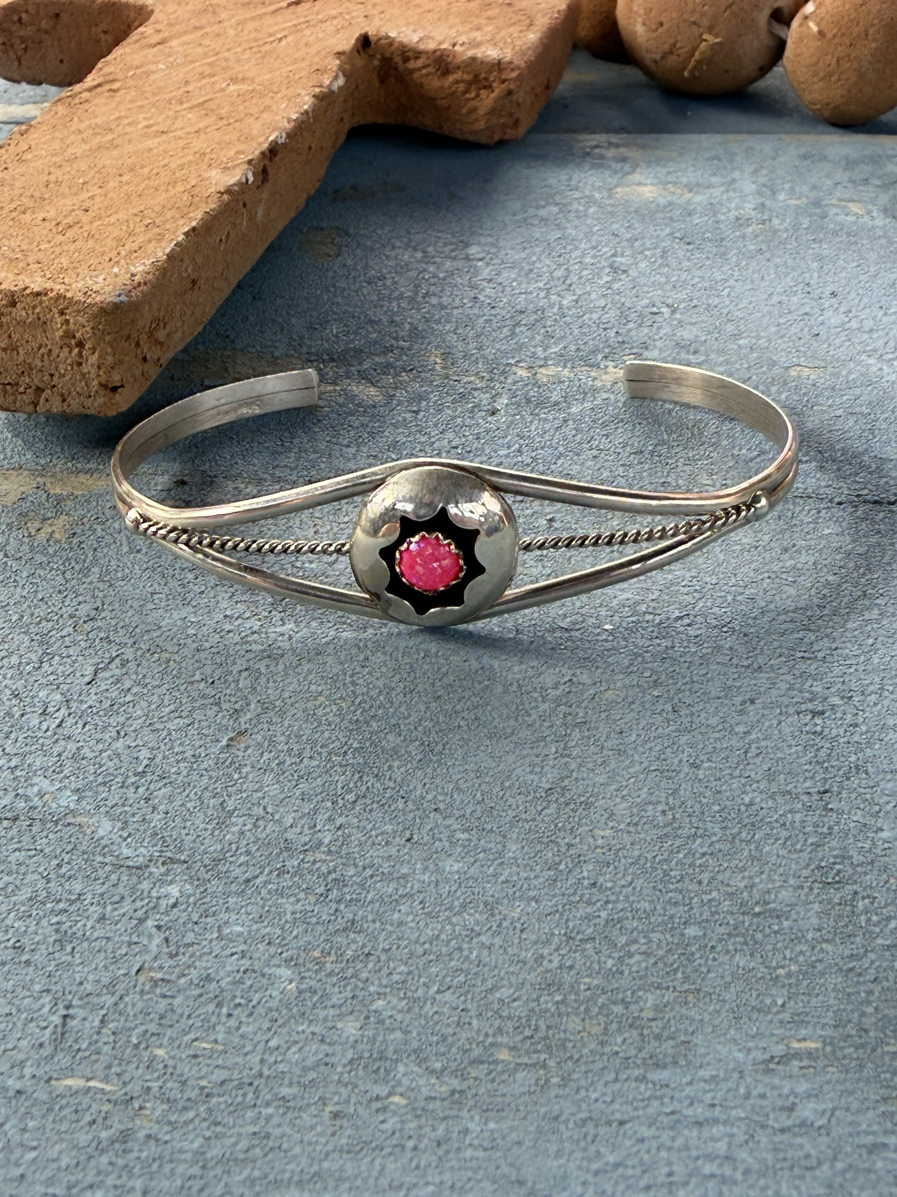 Sterling Silver Small Round Pink Opal Cuff