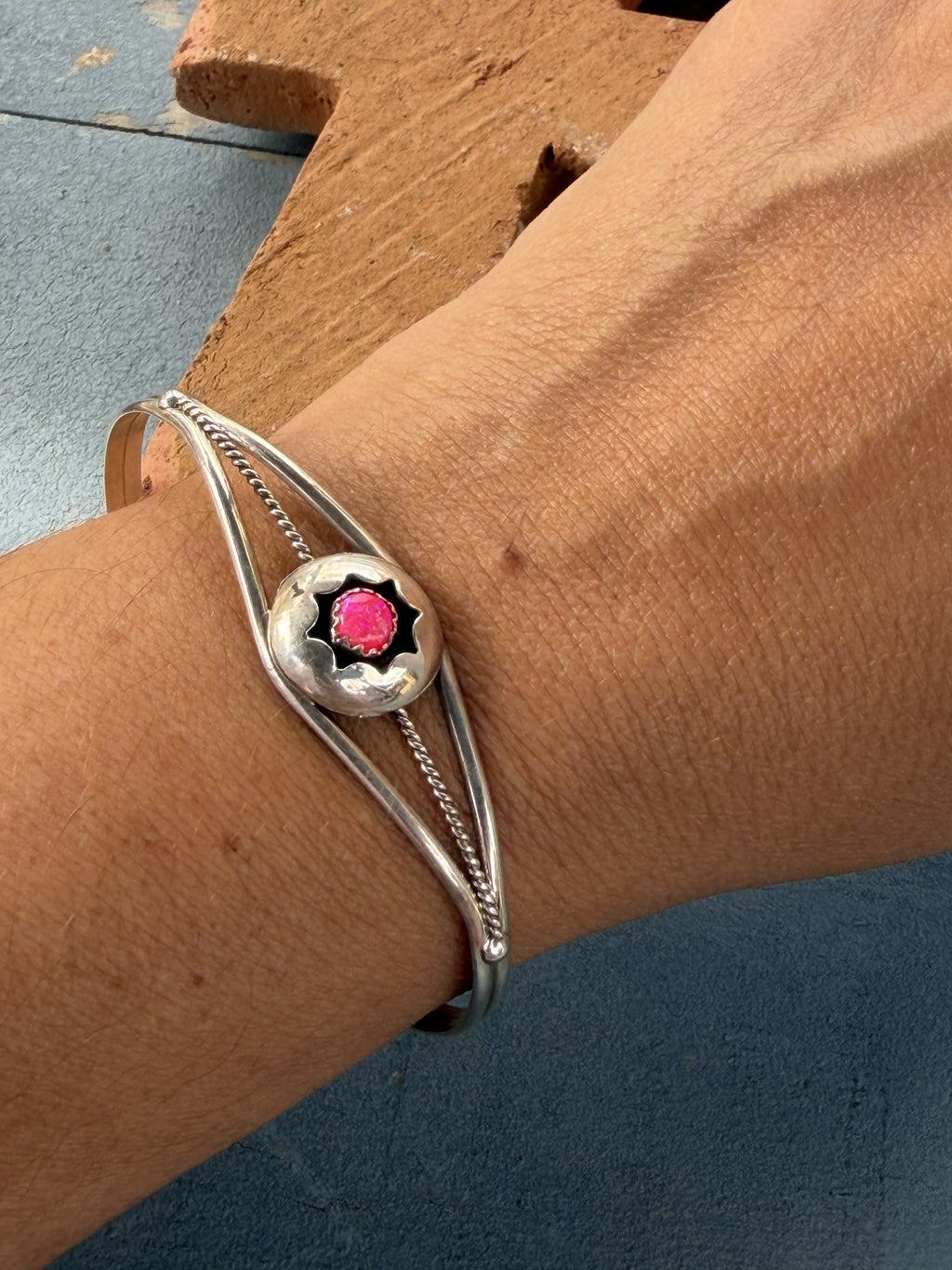 Sterling Silver Small Round Pink Opal Cuff
