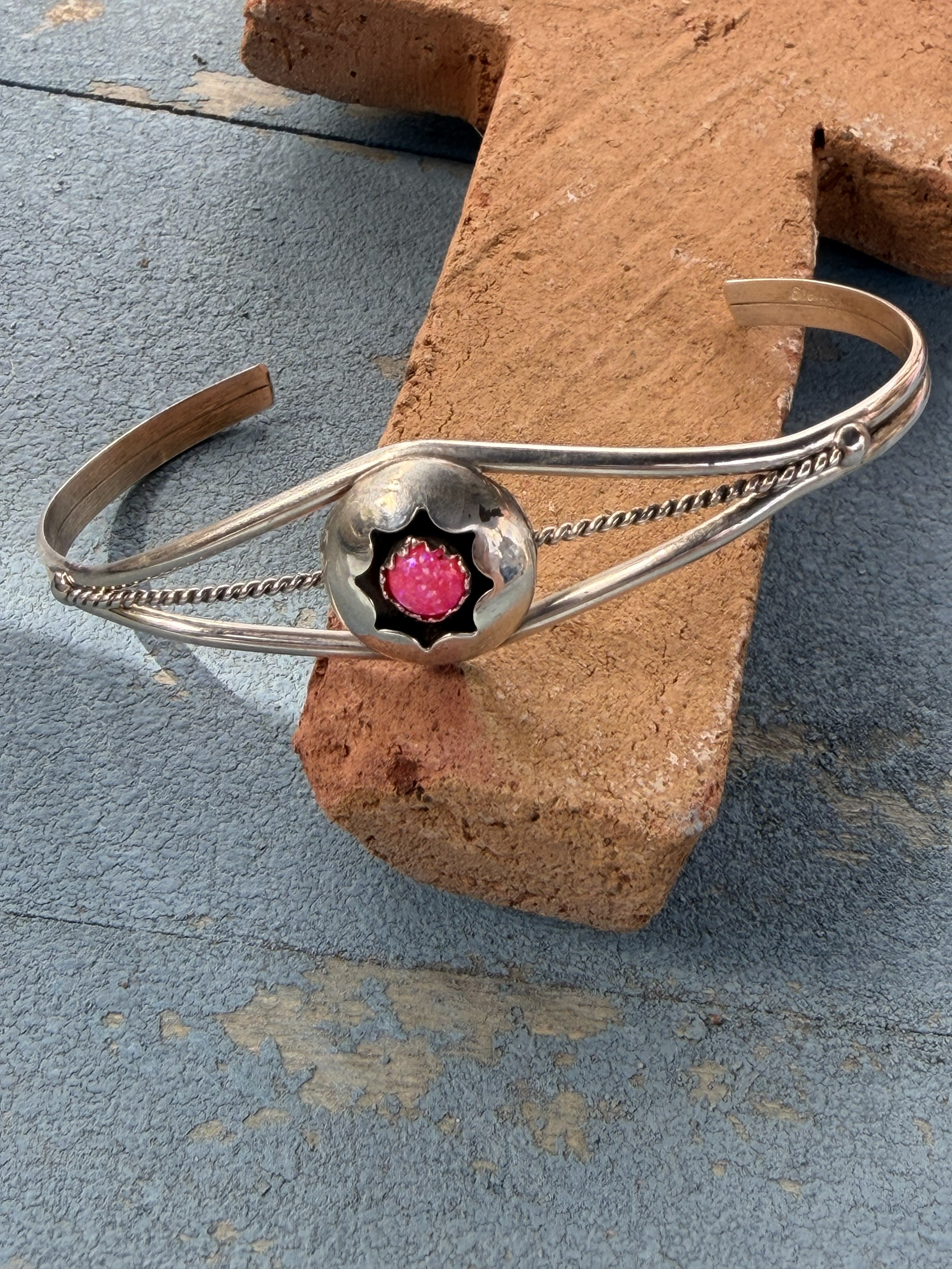Sterling Silver Small Round Pink Opal Cuff
