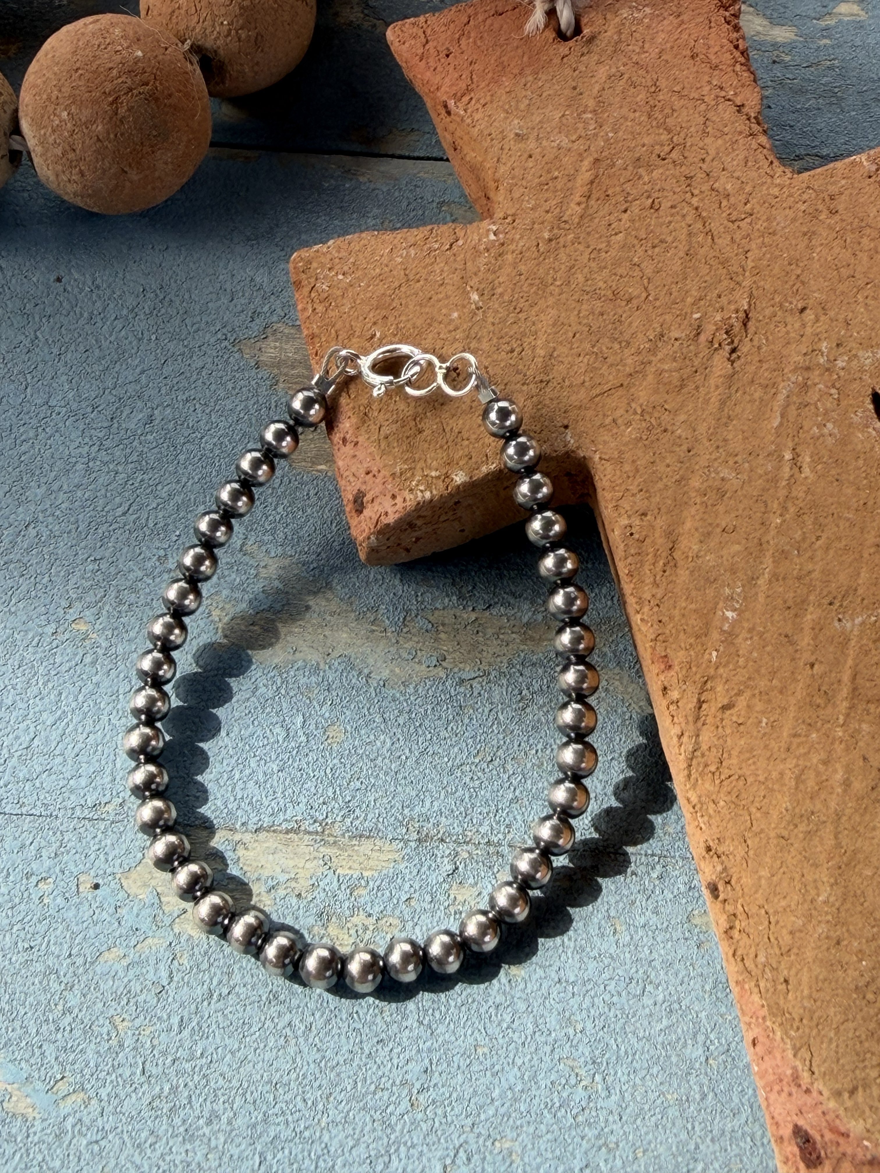 *Native American Made*  Navajo Kimberly Tom:  4mm Sterling Silver Pearl Bracelet