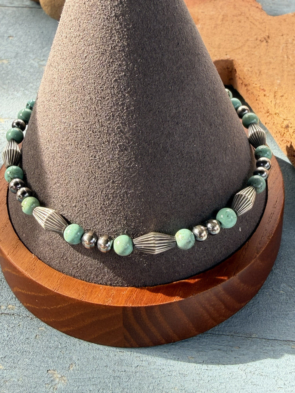 *Native American Made*  Navajo Harold Tahe:  Sterling Silver Bracelet with Turquoise and Melon Beads