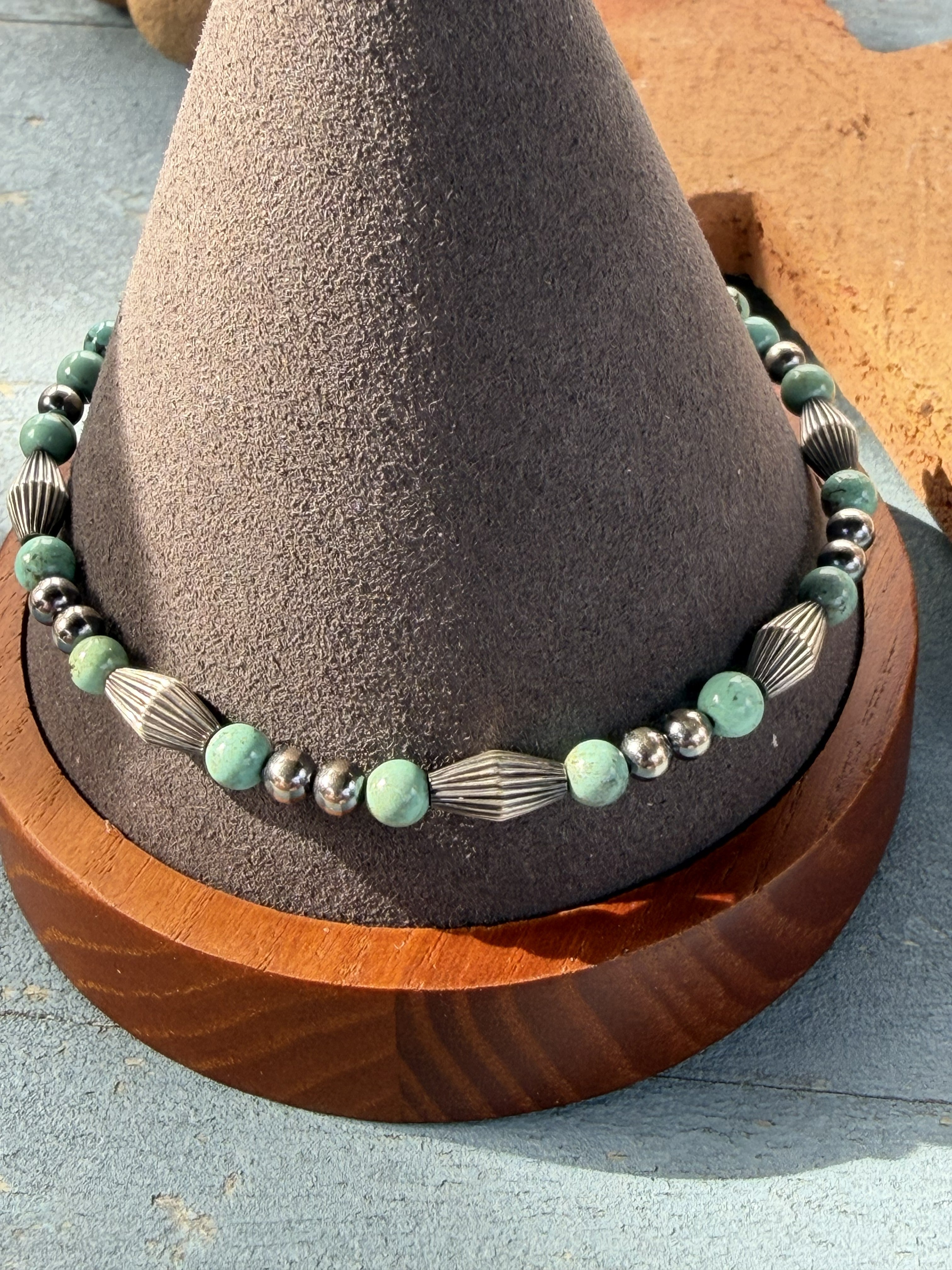*Native American Made*  Navajo Harold Tahe:  Sterling Silver Bracelet with Turquoise and Melon Beads