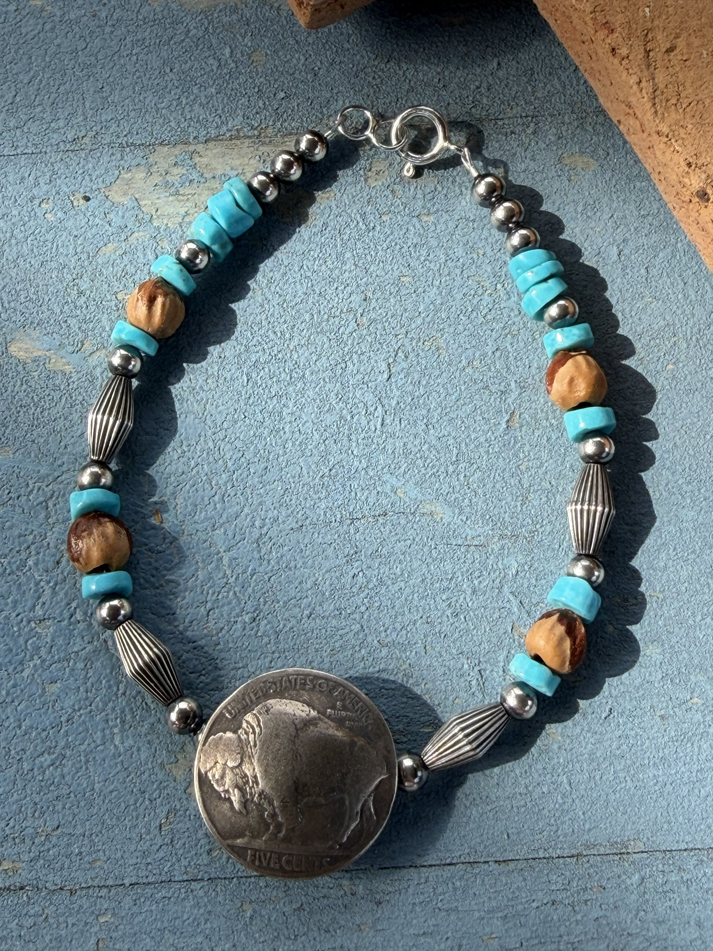 *Native American Made*  Navajo Kimberly Tom:  Sterling Silver Bracelet with Nickel Buffalo Coin, Turquoise and Ghost Beads