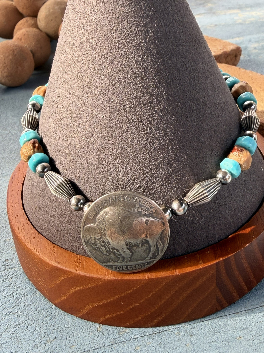*Native American Made*  Navajo Kimberly Tom:  Sterling Silver Bracelet with Nickel Buffalo Coin, Turquoise and Ghost Beads