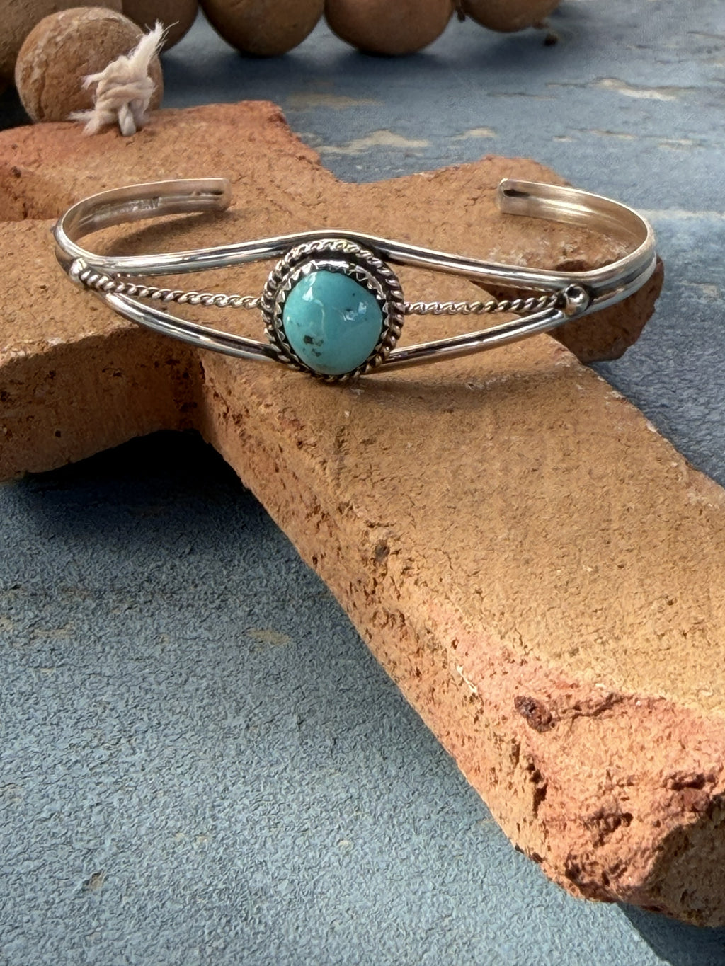 *Native American Made*  Navajo Esther White:  Sterling Silver Small Round Turquoise Cuff