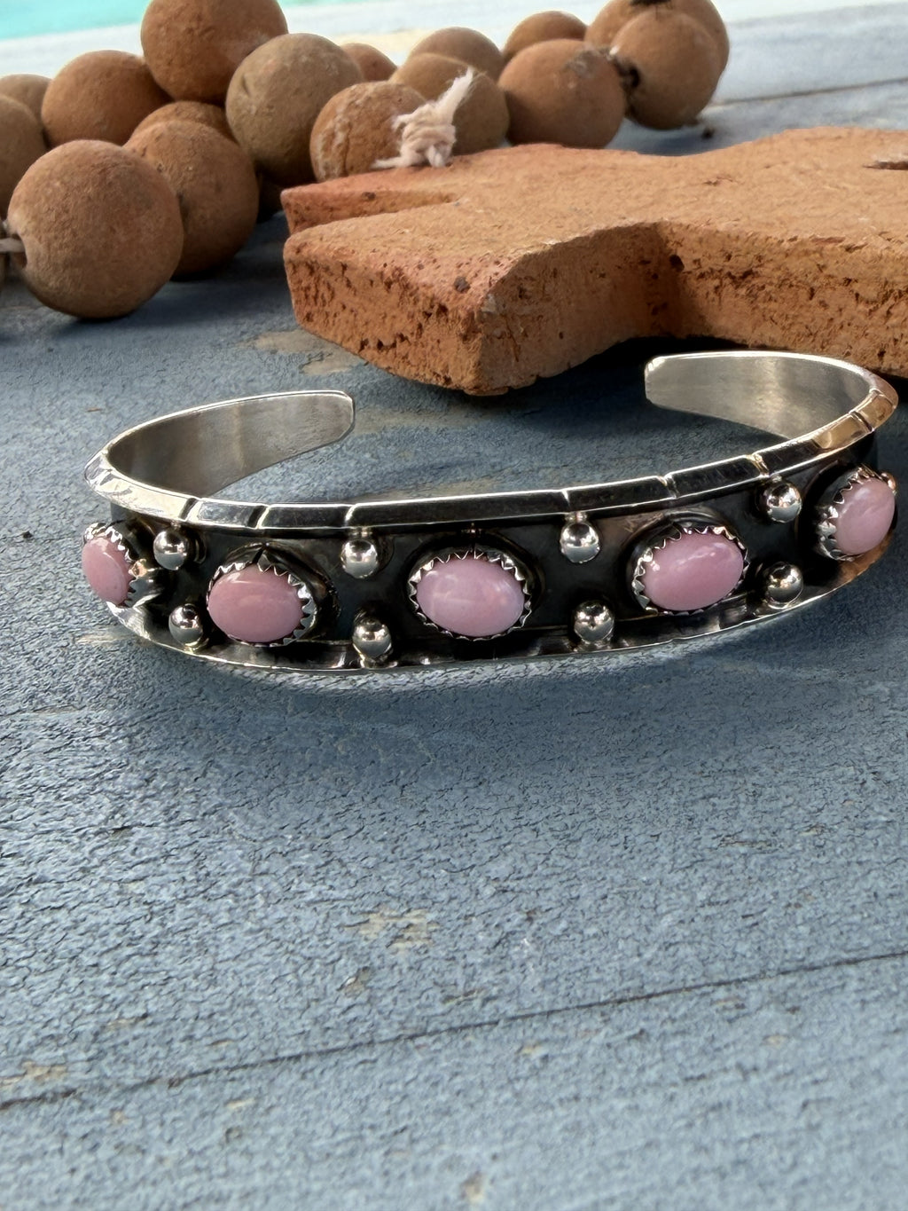 *Native American Made*  Navajo Reed Charley:  Sterling Silver with 5 Stones Pink Conch Cuff