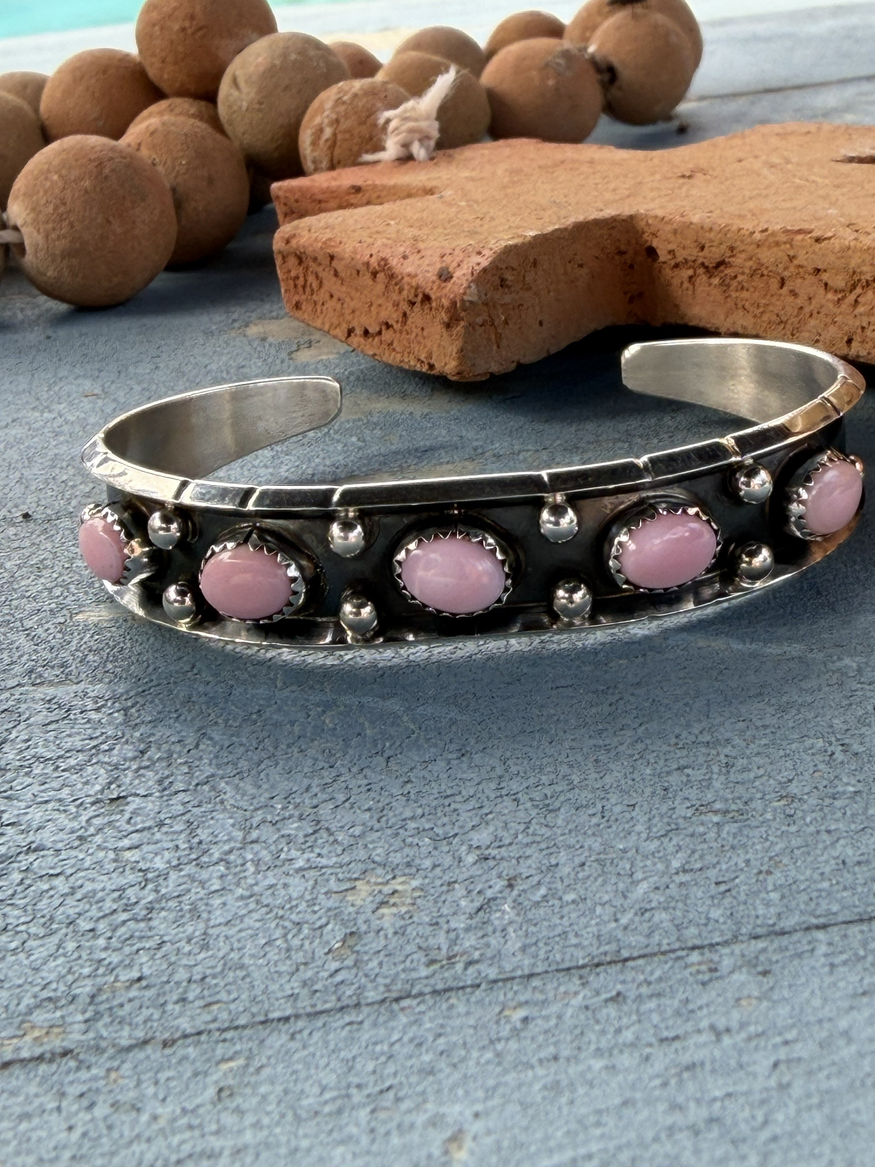 *Native American Made*  Navajo Reed Charley:  Sterling Silver with 5 Stones Pink Conch Cuff