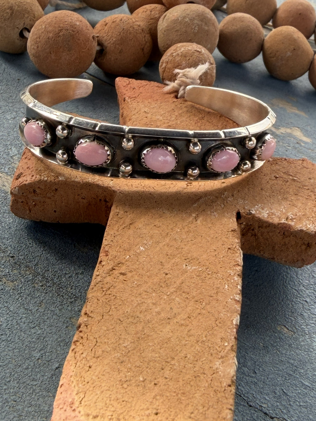 *Native American Made*  Navajo Reed Charley:  Sterling Silver with 5 Stones Pink Conch Cuff