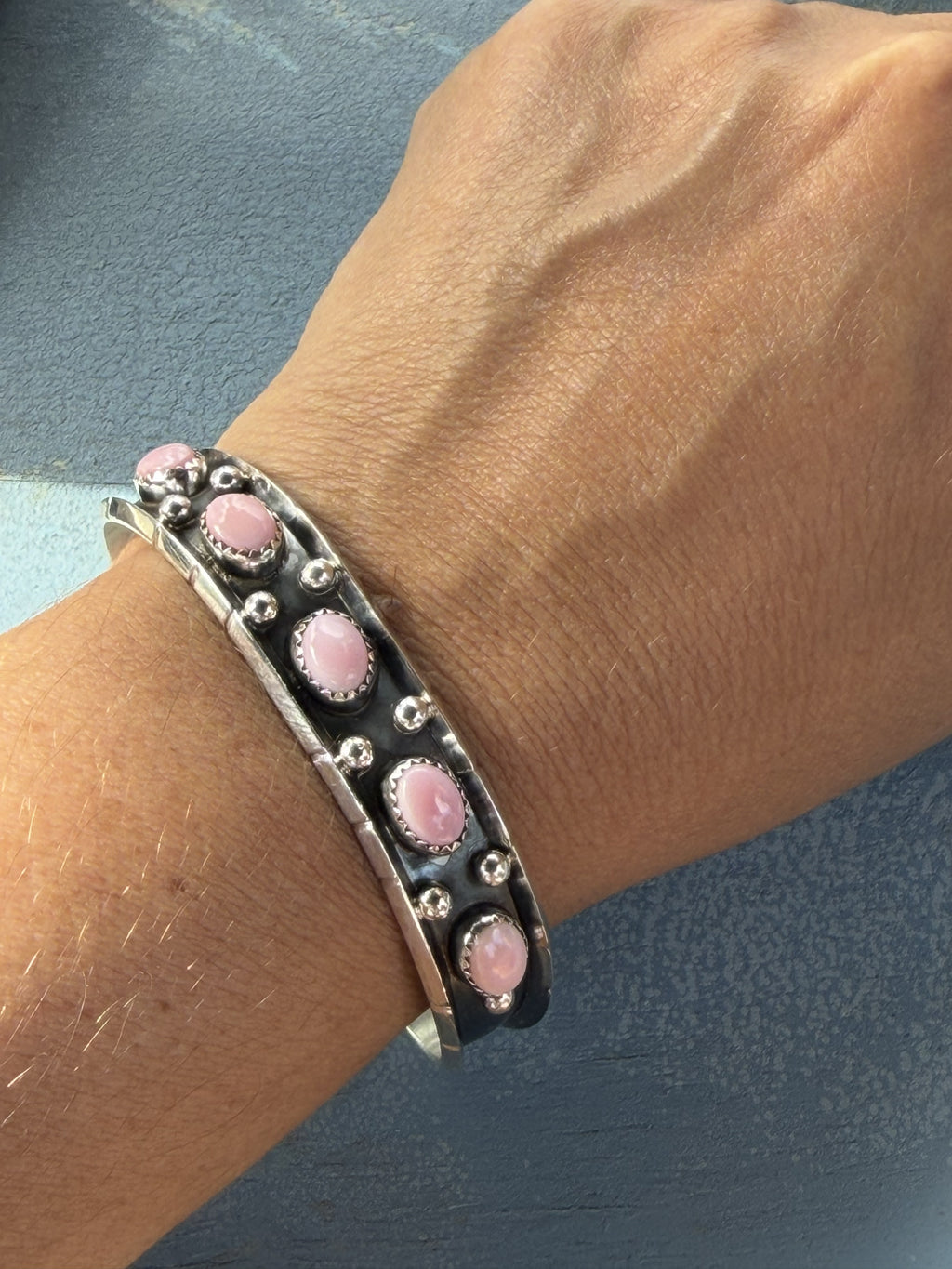 *Native American Made*  Navajo Reed Charley:  Sterling Silver with 5 Stones Pink Conch Cuff