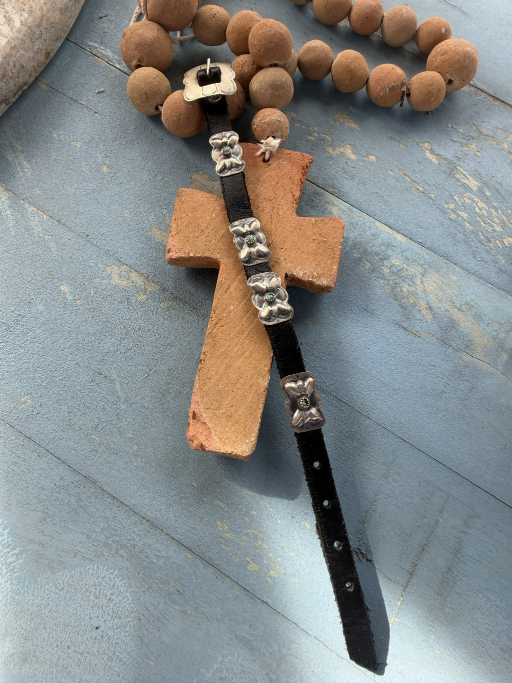 *Native American Made* Navajo Joan Begay:  Leather Bracelet with Sterling Silver Conchos and Turquoise