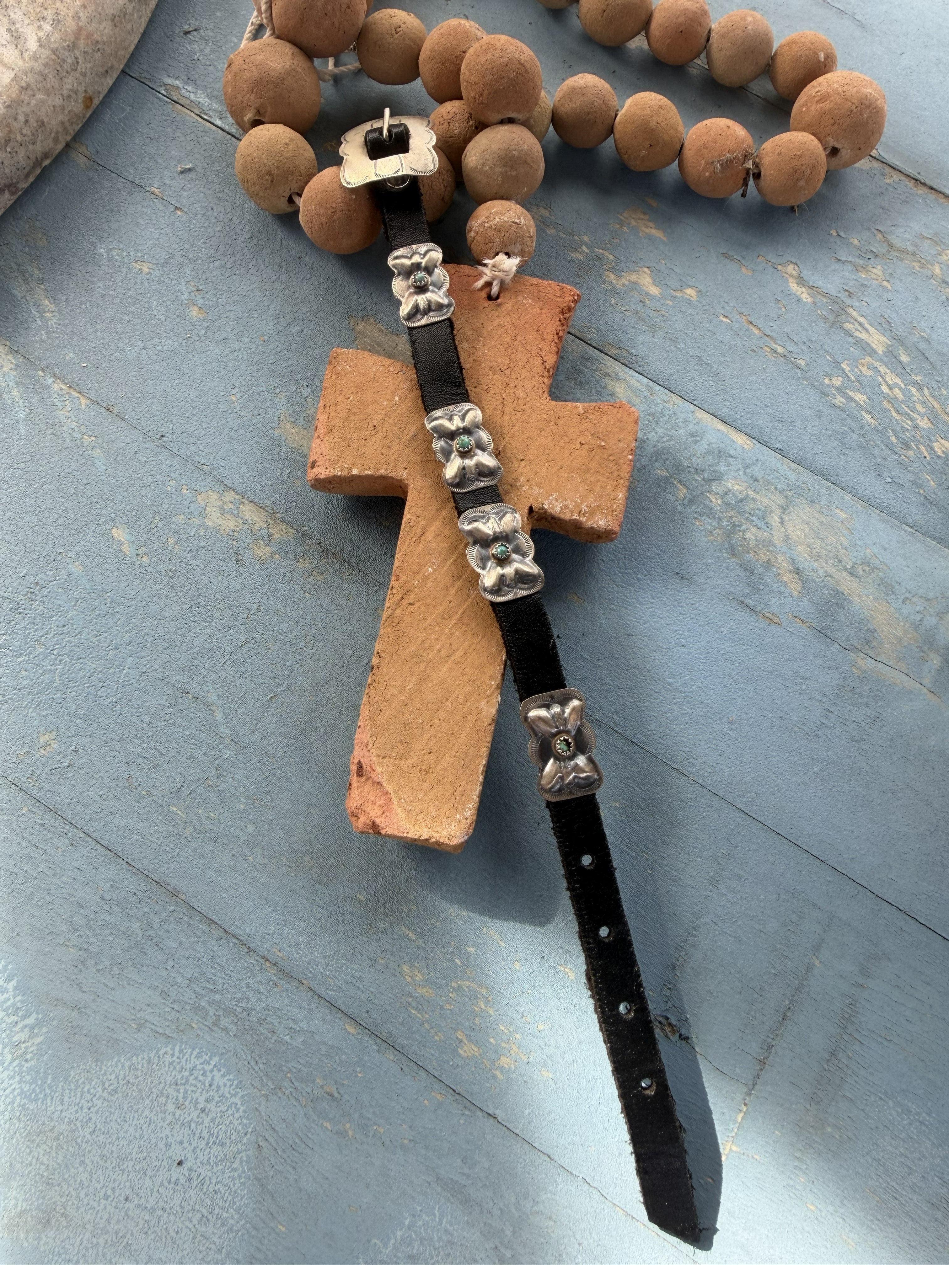 *Native American Made* Navajo Joan Begay:  Leather Bracelet with Sterling Silver Conchos and Turquoise